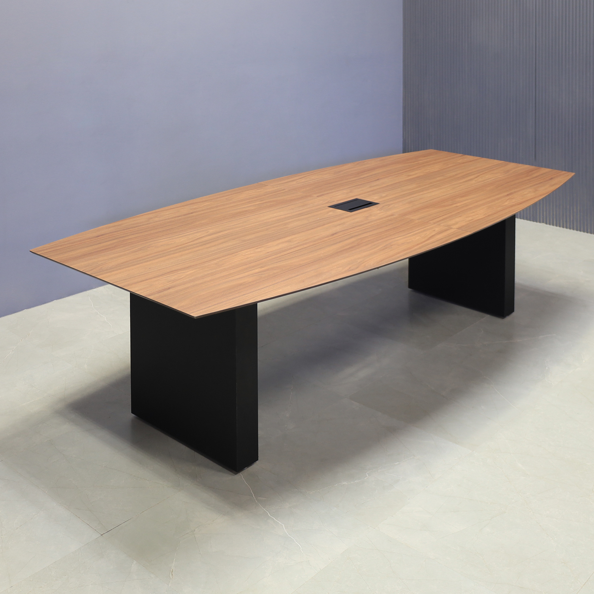 106-inch Aurora Boat Conference Table in 1/2-inch italian walnut engineered surface top, black matte laminate base, and black MX3 power box.