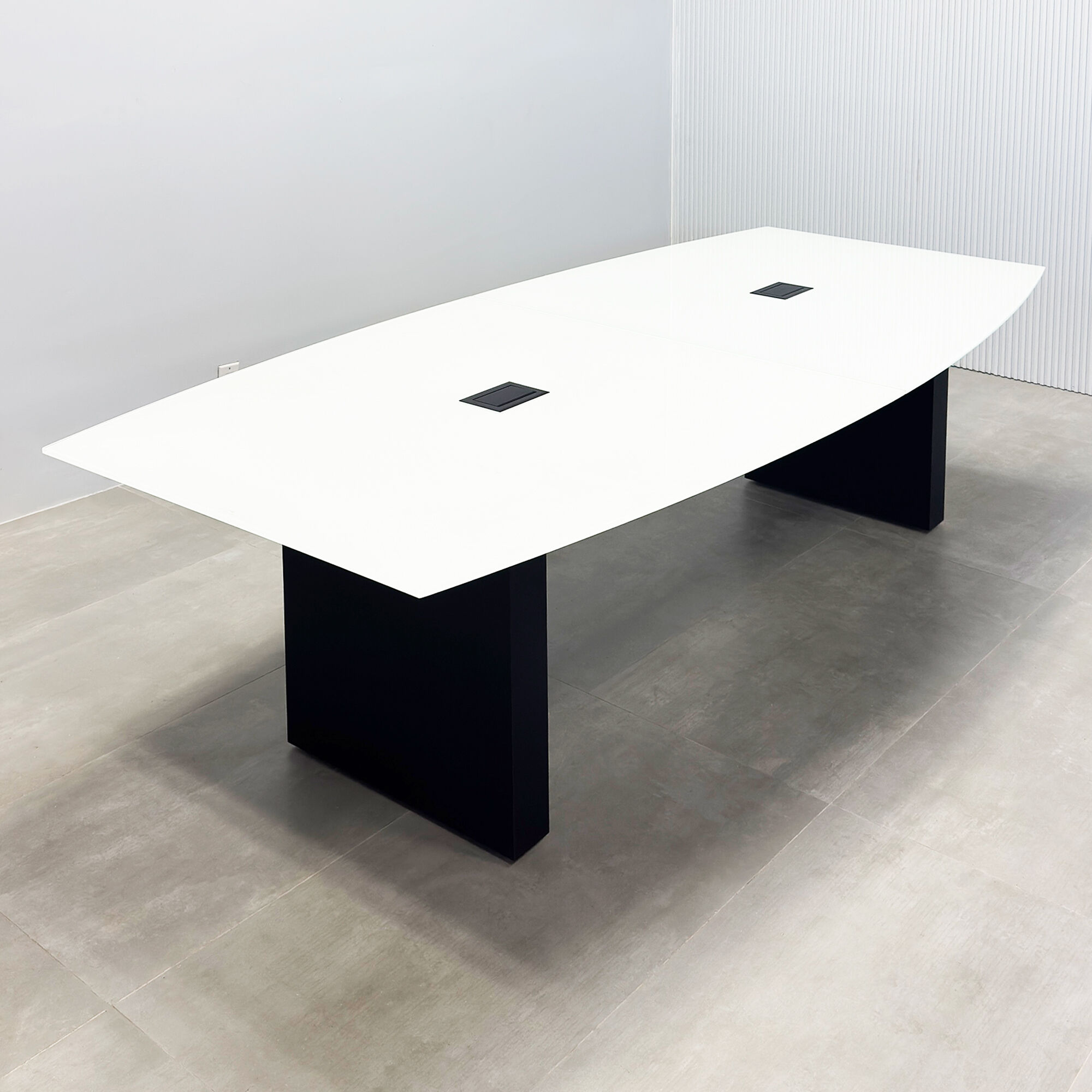 108-inch Omaha Boat Conference Table with white tempered glass top, black matte laminate base, and Mx2 x2 with two power ports, 1 USB-A port, 1 USB-C port black.