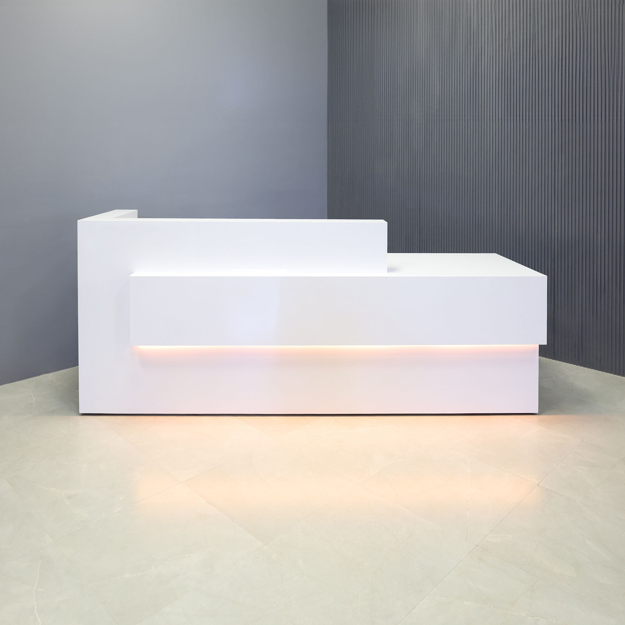 108-inch Atlanta Reception Desk with countertop on the left side when sitting in white gloss laminate countertop & base, workspace, front accent, and color changing LED. 