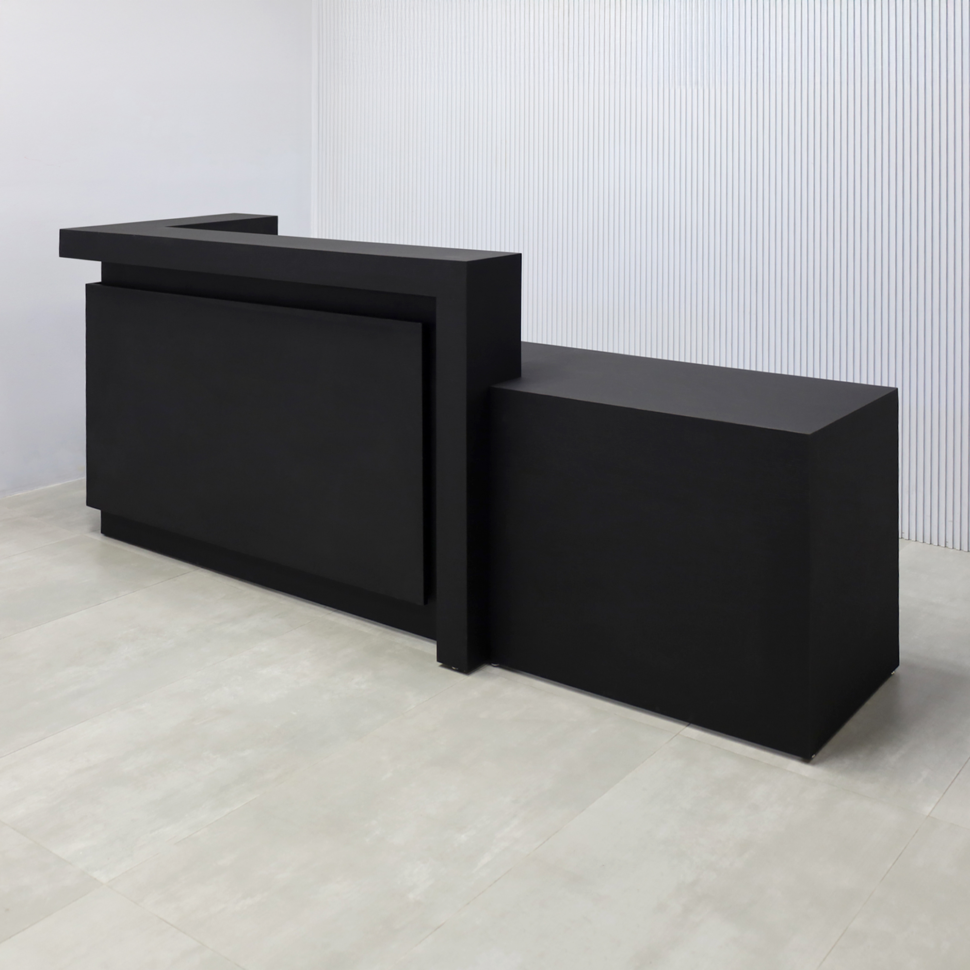 108-inch New York L ADA Reception Desk with Black Cinder Matte laminate desk, Black Cinder Matte laminate workspace, Black Cinder Matte laminate Front Panel, and Warm White LED.