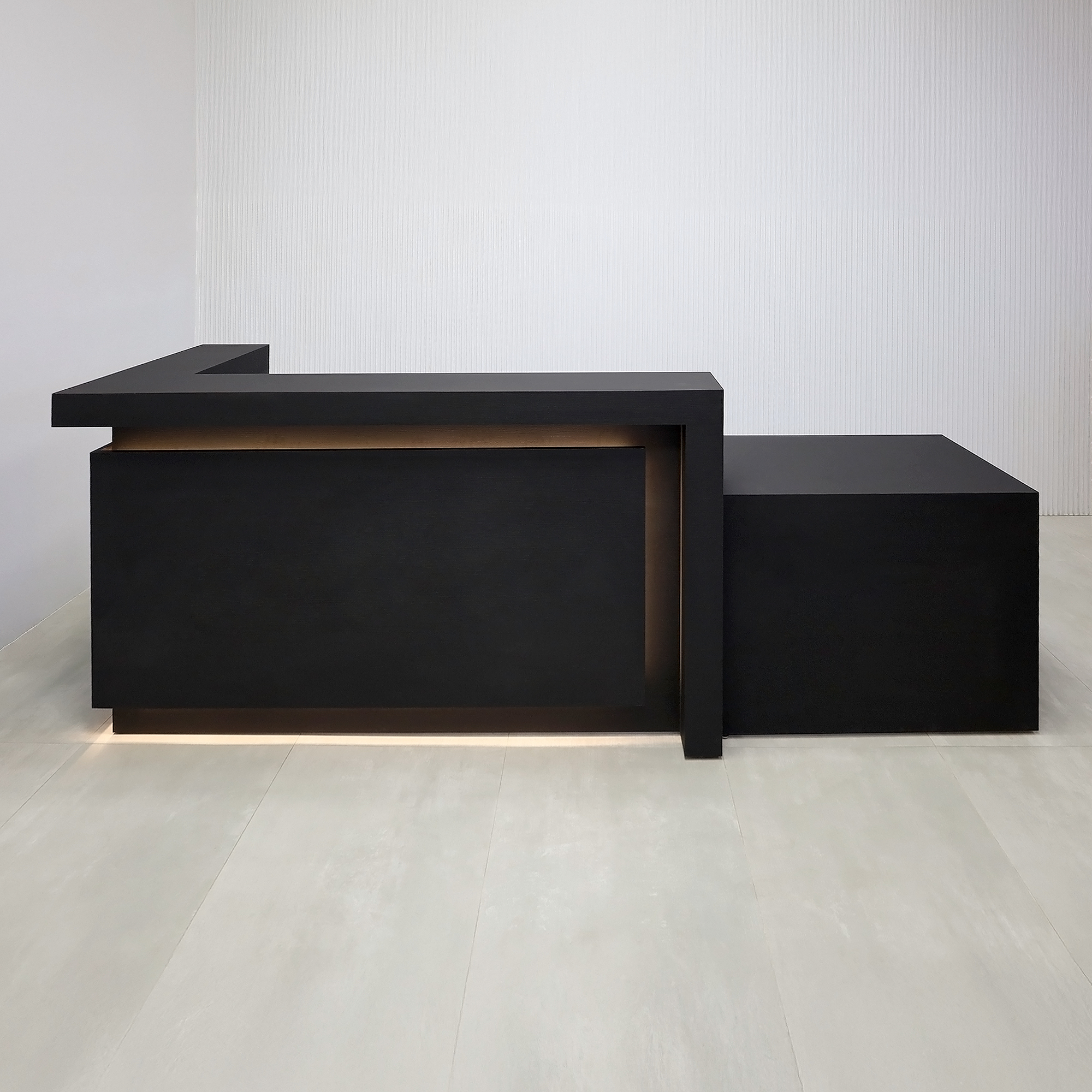 108-inch New York L ADA Reception Desk with Black Cinder Matte laminate desk, Black Cinder Matte laminate workspace, Black Cinder Matte laminate Front Panel, and Warm White LED.