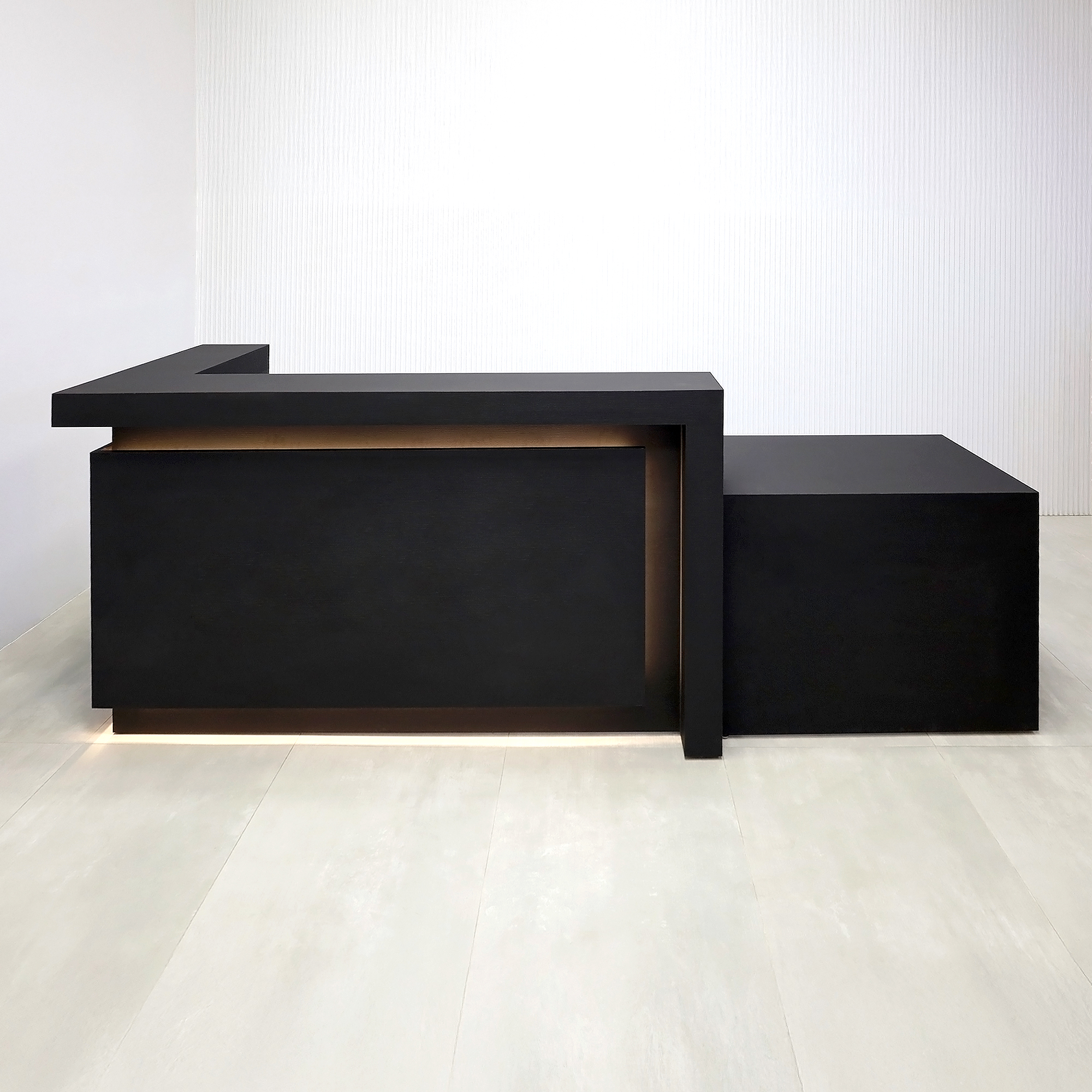 108-inch New York L ADA Reception Desk with Black Cinder Matte laminate desk, Black Cinder matte laminate workspace, Black Cinder matte laminate front panel, and Warm White LED with remote control.
