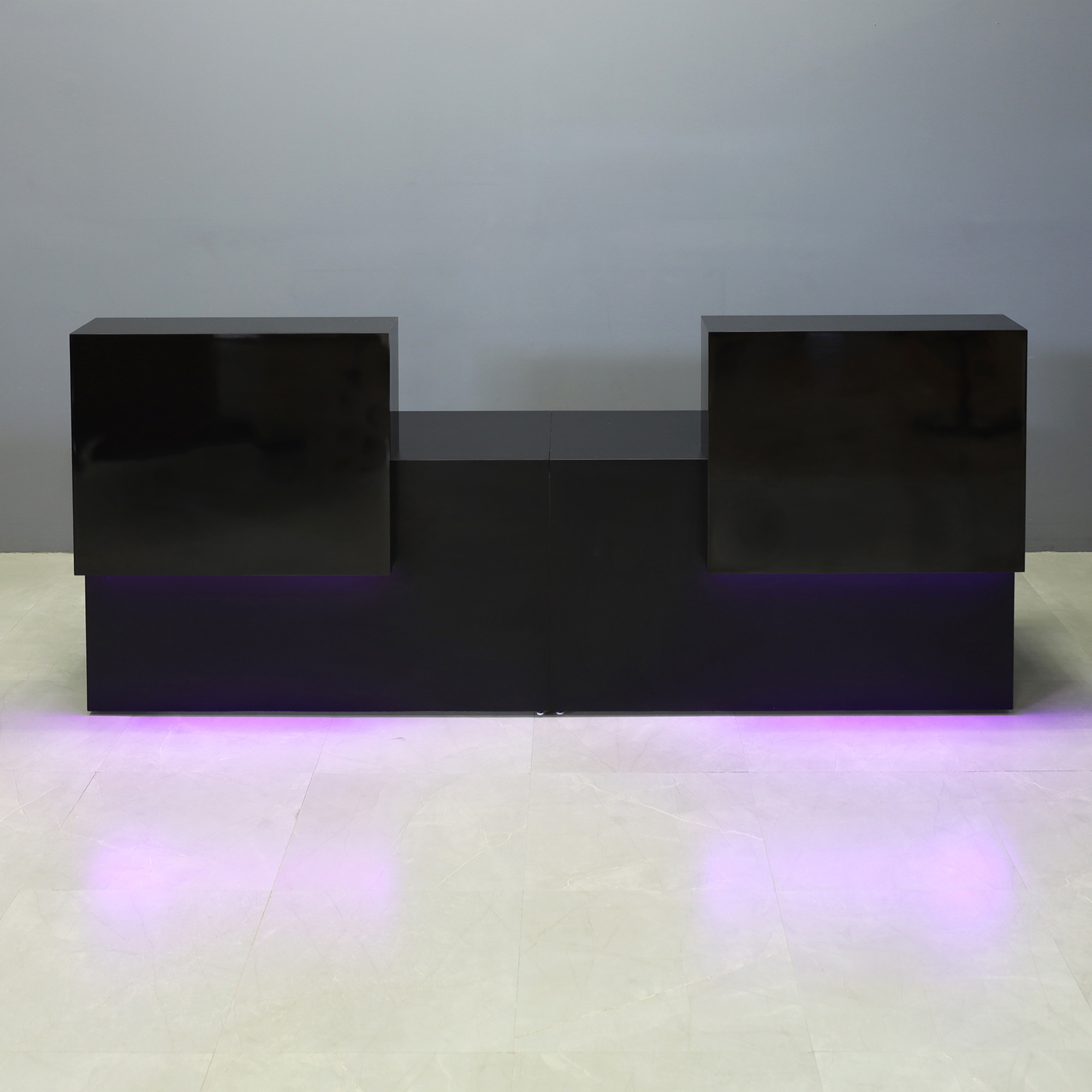 108-inch Los Angeles Double Counter Custom Reception Desk in black gloss laminate counters, black matte laminate desks, and color changing LED.