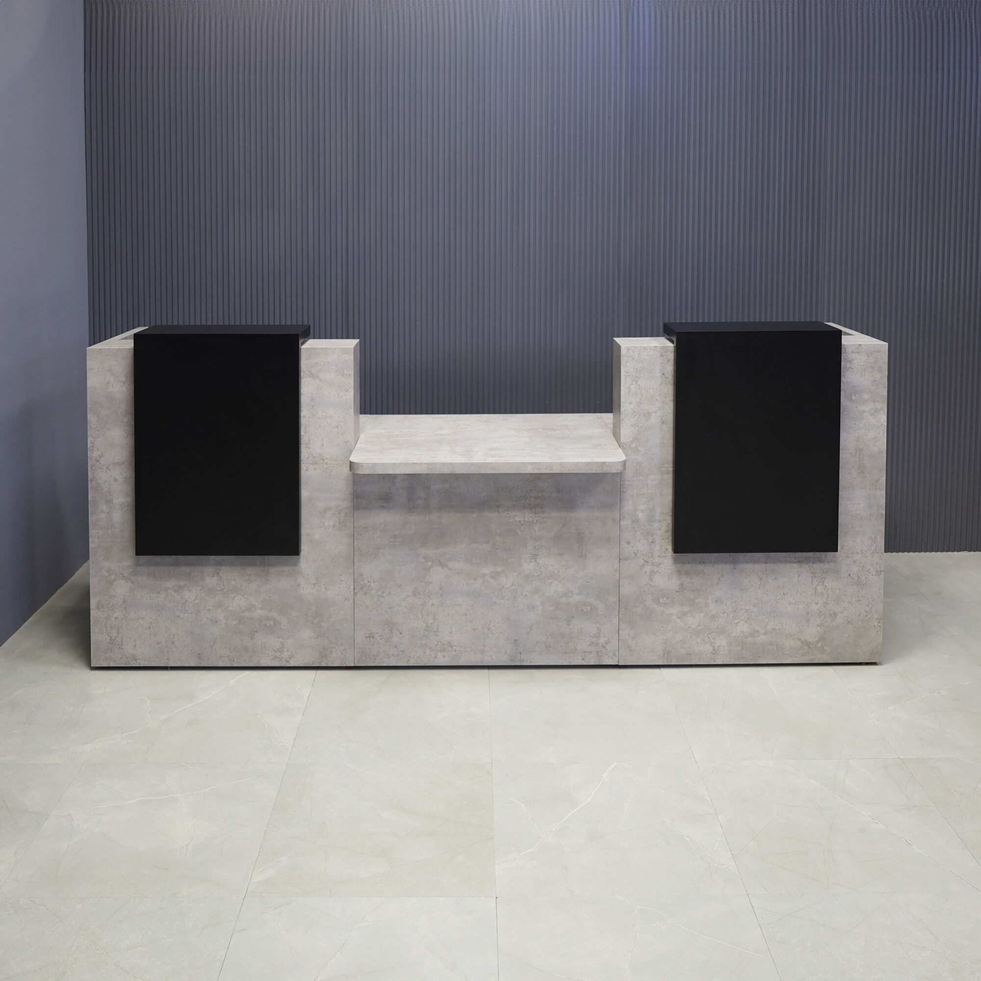 108-inch Chicago Double Counter and ADA Compliant Custom Reception Desk in black matte laminate counters, and industrial concrete laminate desks.