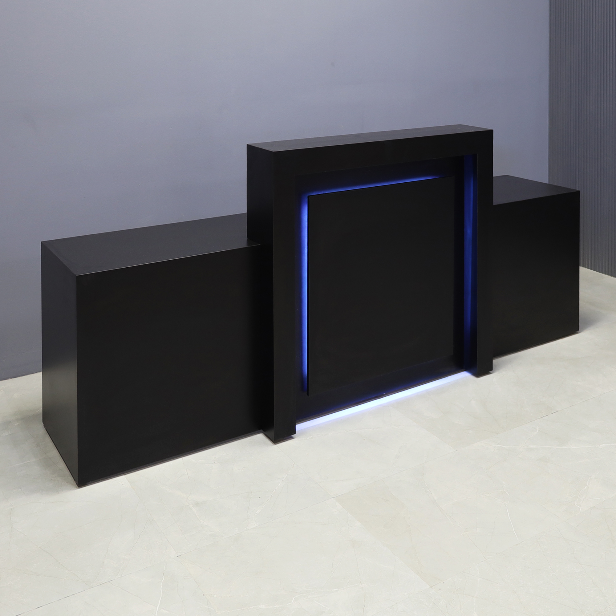 108-inch New York Extra Wide in black matte laminate main desk and recess accent, with multi-colored LED, shown here.