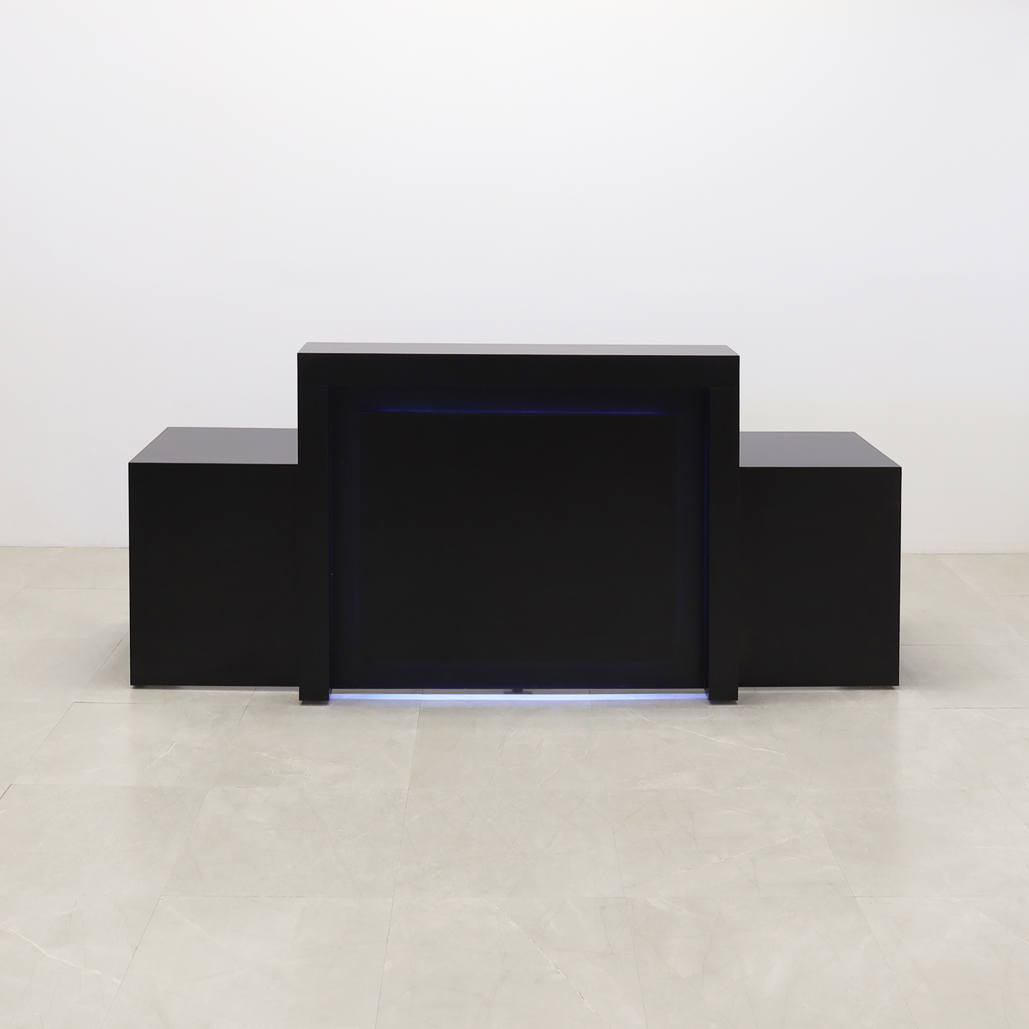 120 inches New York Extra Wide reception desk in black matte laminate finish desk, counter and front panel, with colored-LED shown here.