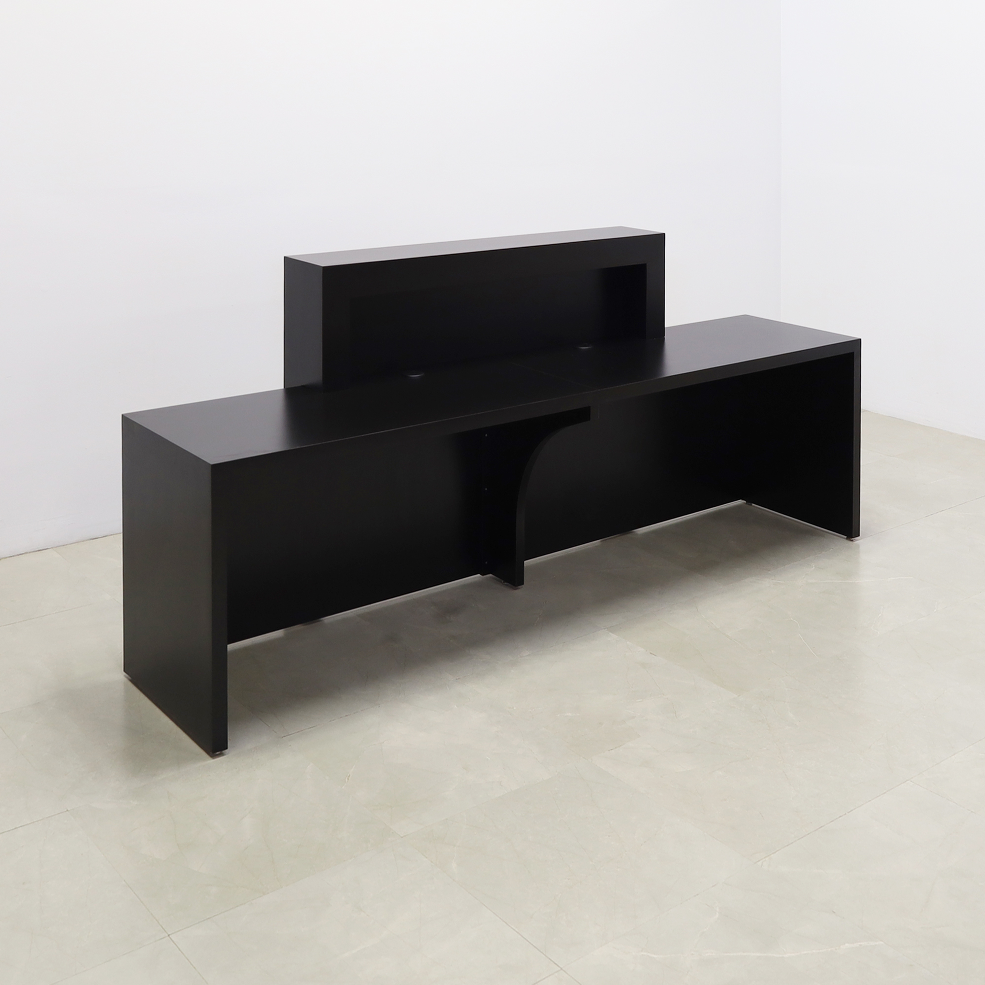 120 inches New York Extra Wide reception desk in black matte laminate finish desk, counter and front panel, with colored-LED, seating side view shown here.