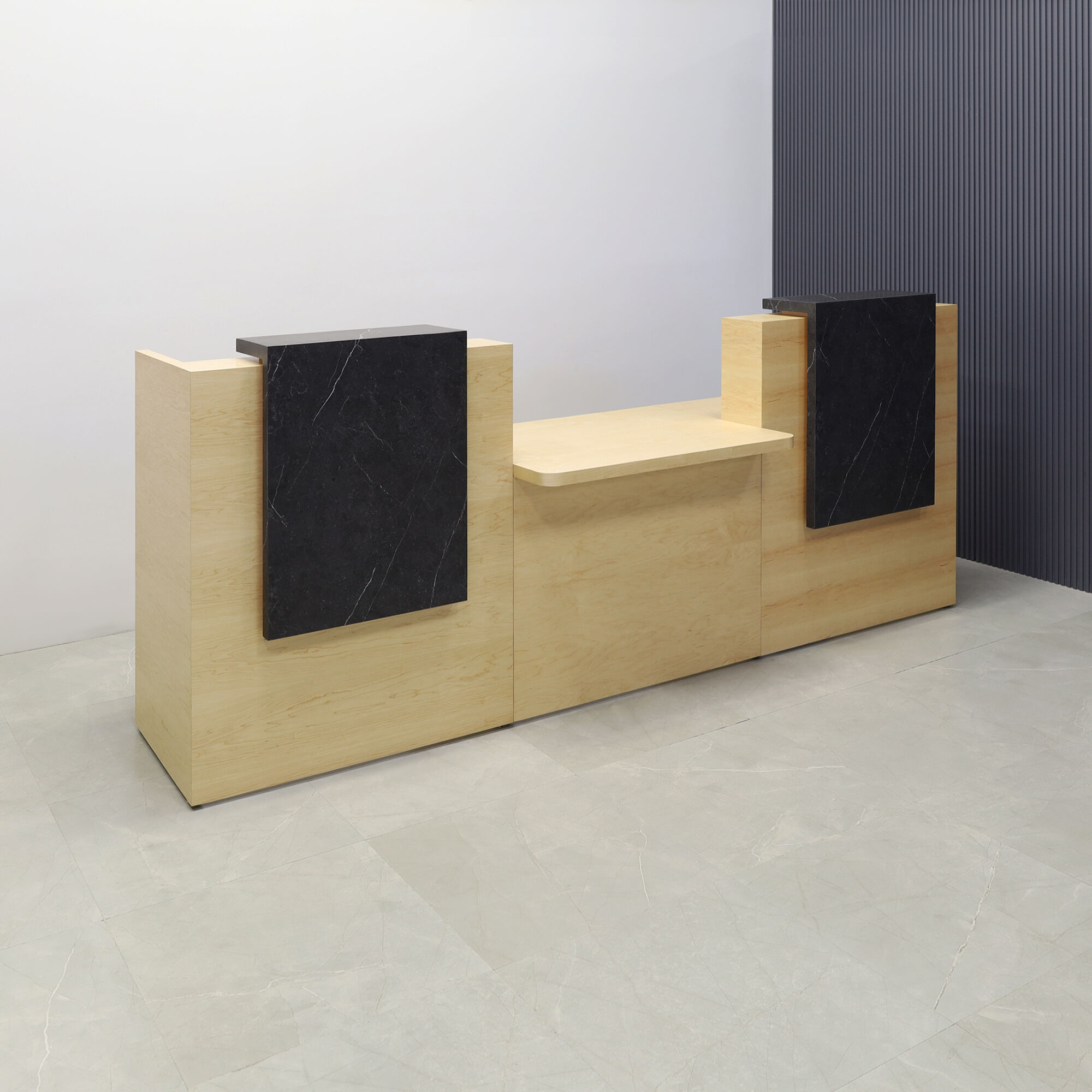 108-inch Chicago Double Counter and ADA Compliant Custom Reception Desk in black stone PVC counters, and maple veneer desks.