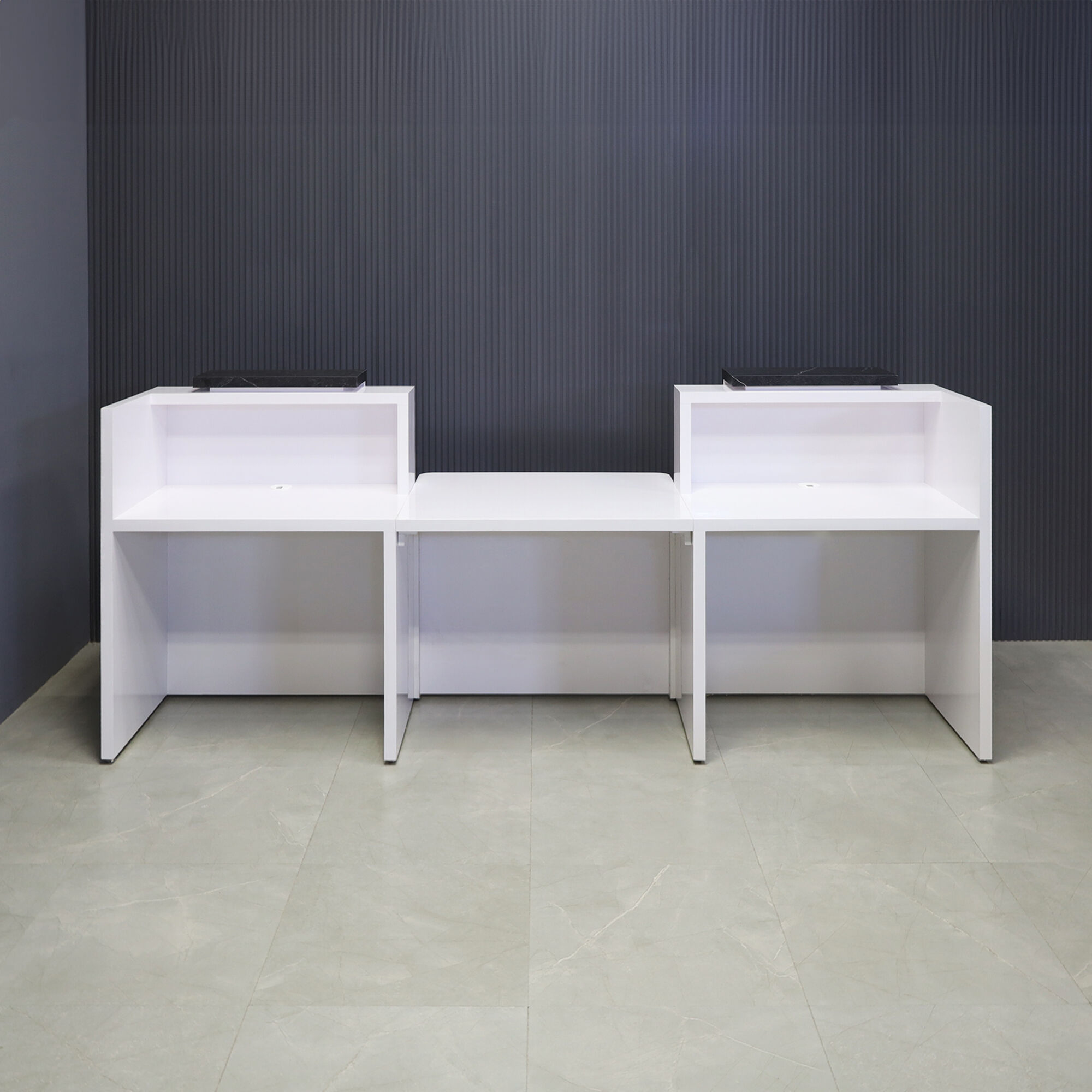 108-inch Chicago Double Counter and ADA Compliant Custom Reception Desk in black stone PVC counters, white gloss laminate desks, and color changing LED.