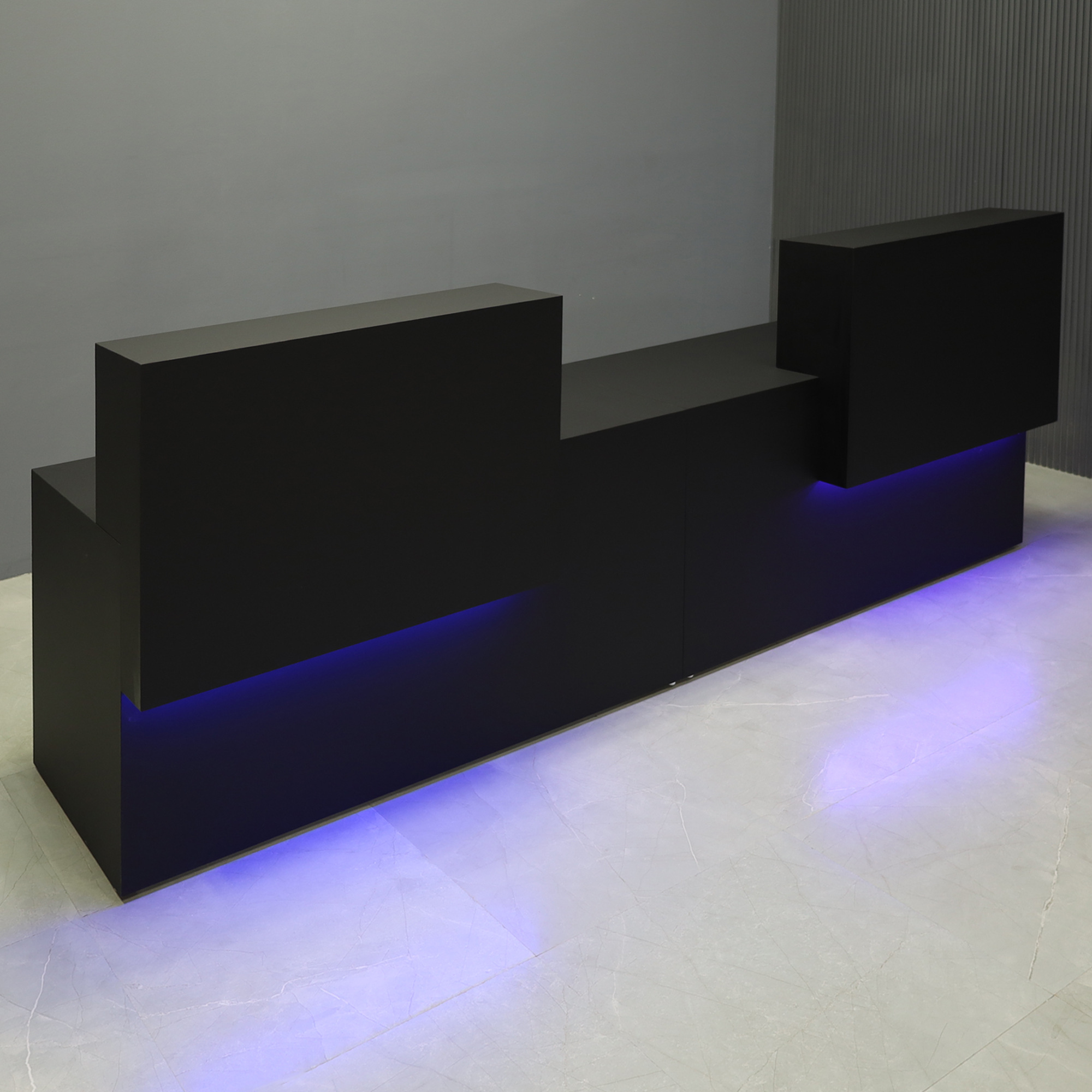 108-inch Los Angeles Double Counter Custom Reception Desk in black gloss laminate counters, black matte laminate desks, and color changing LED.
