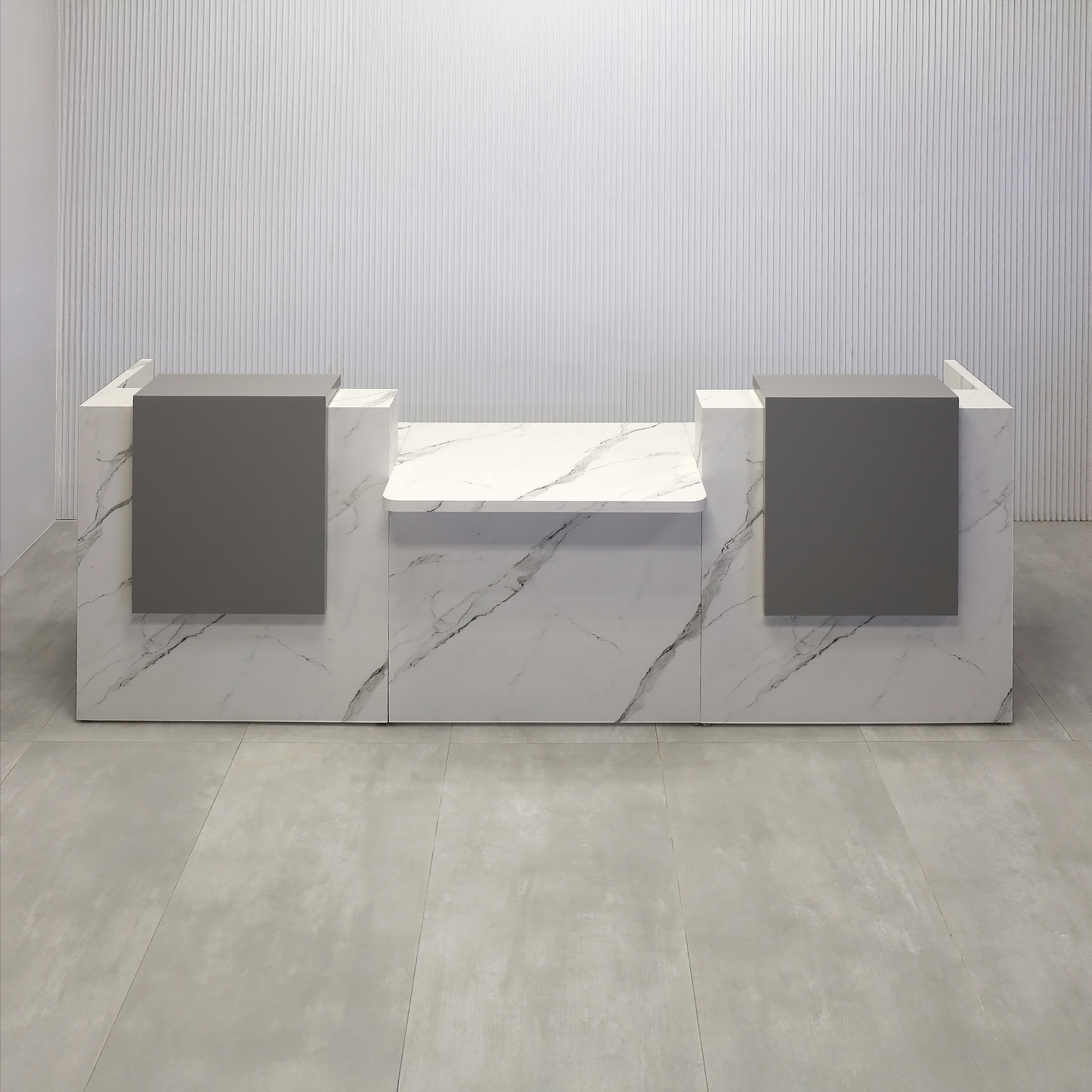 108-inch Chicago Double Counter ADA Compliant Desk with Fog Gray matte laminate counter, Calcutta Stone PVC bottom, and White LED.