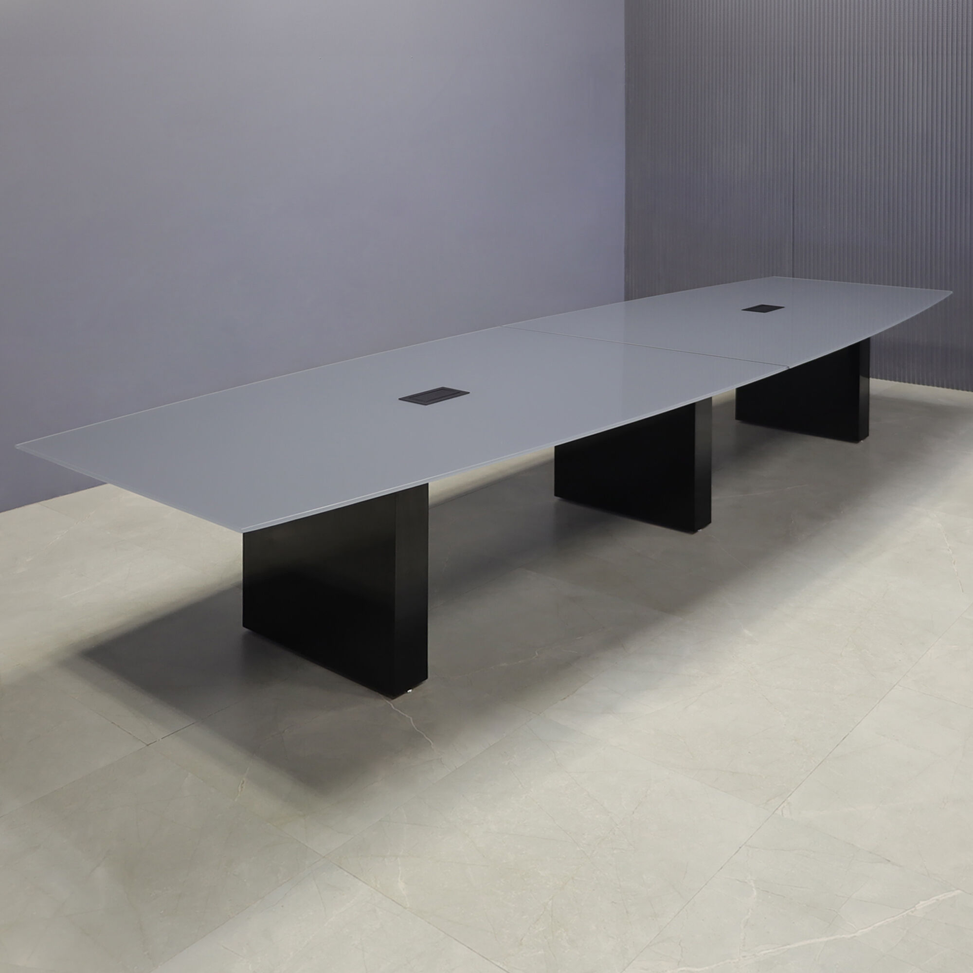 108-inch Omaha Boat Shape Conference Table with gray glass top, black gloss laminate, and Mx3 in black.