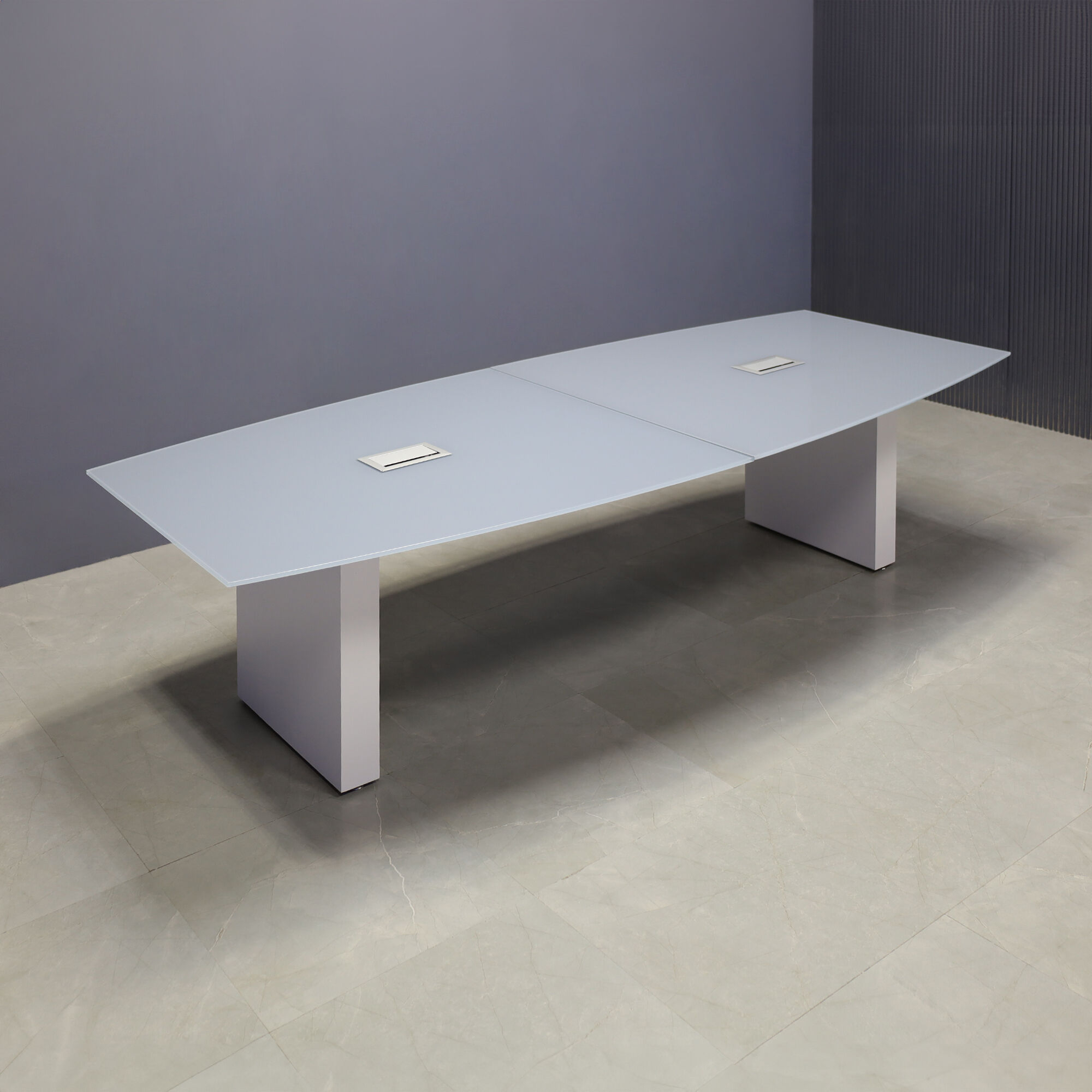 108-inch Omaha Boat Shape Conference Table in 1/2-inch medium gray tempered glass top, standard column base in white gloss laminate base, and two silver MX3 silver power boxes.