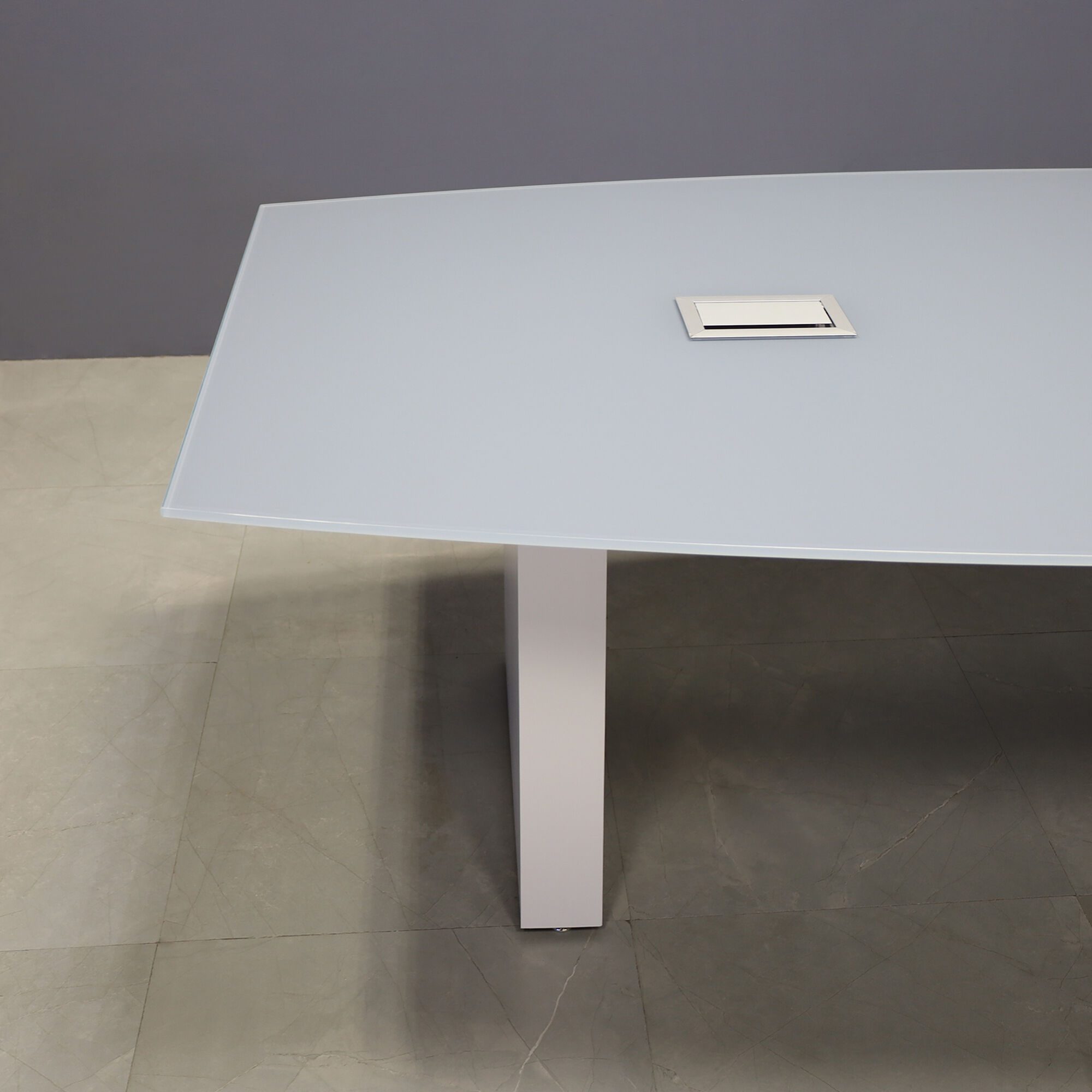 108-inch Omaha Boat Conference Table in 1/2-inch medium gray tempered glass top, white gloss laminate standard base, and two silver MX3 power boxes.