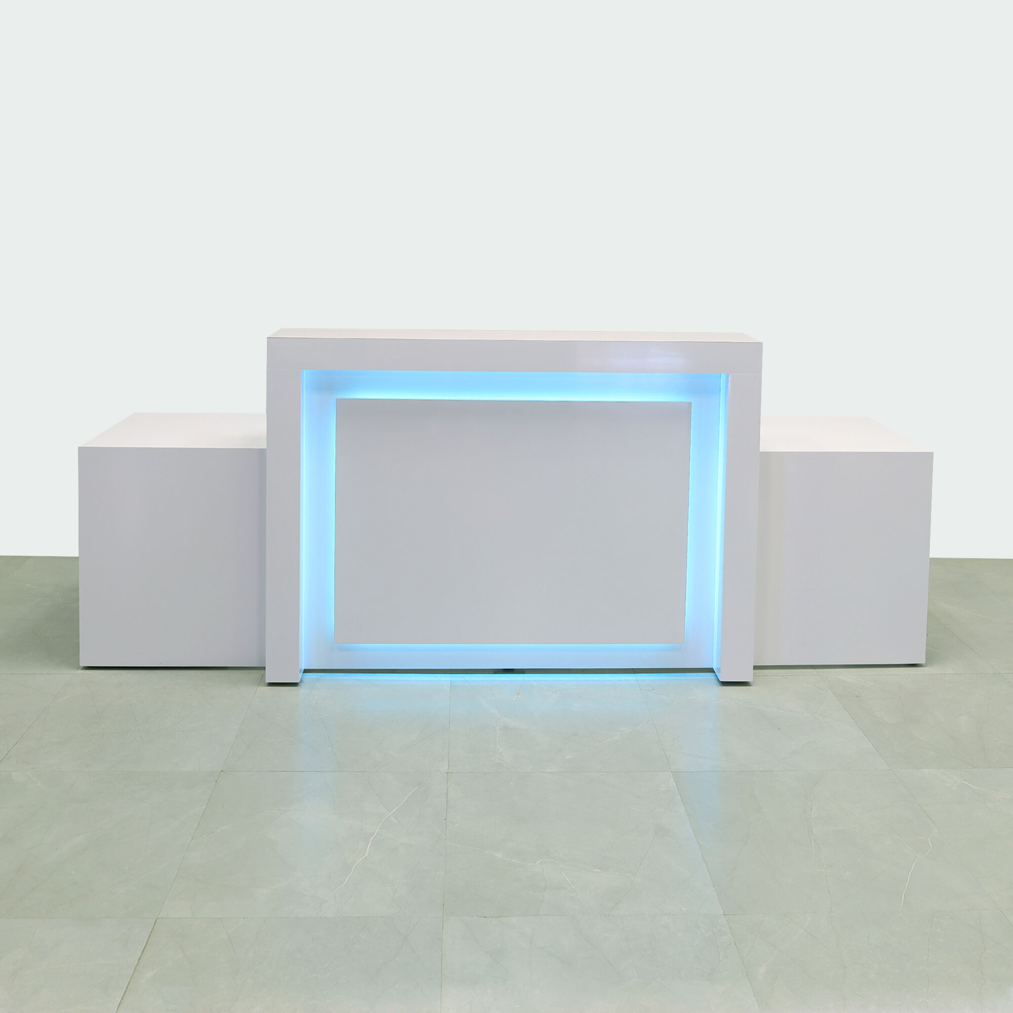 108-inch New York Extra Wide in white gloss laminate main desk, front panel & recessed accent, and color changing LED.