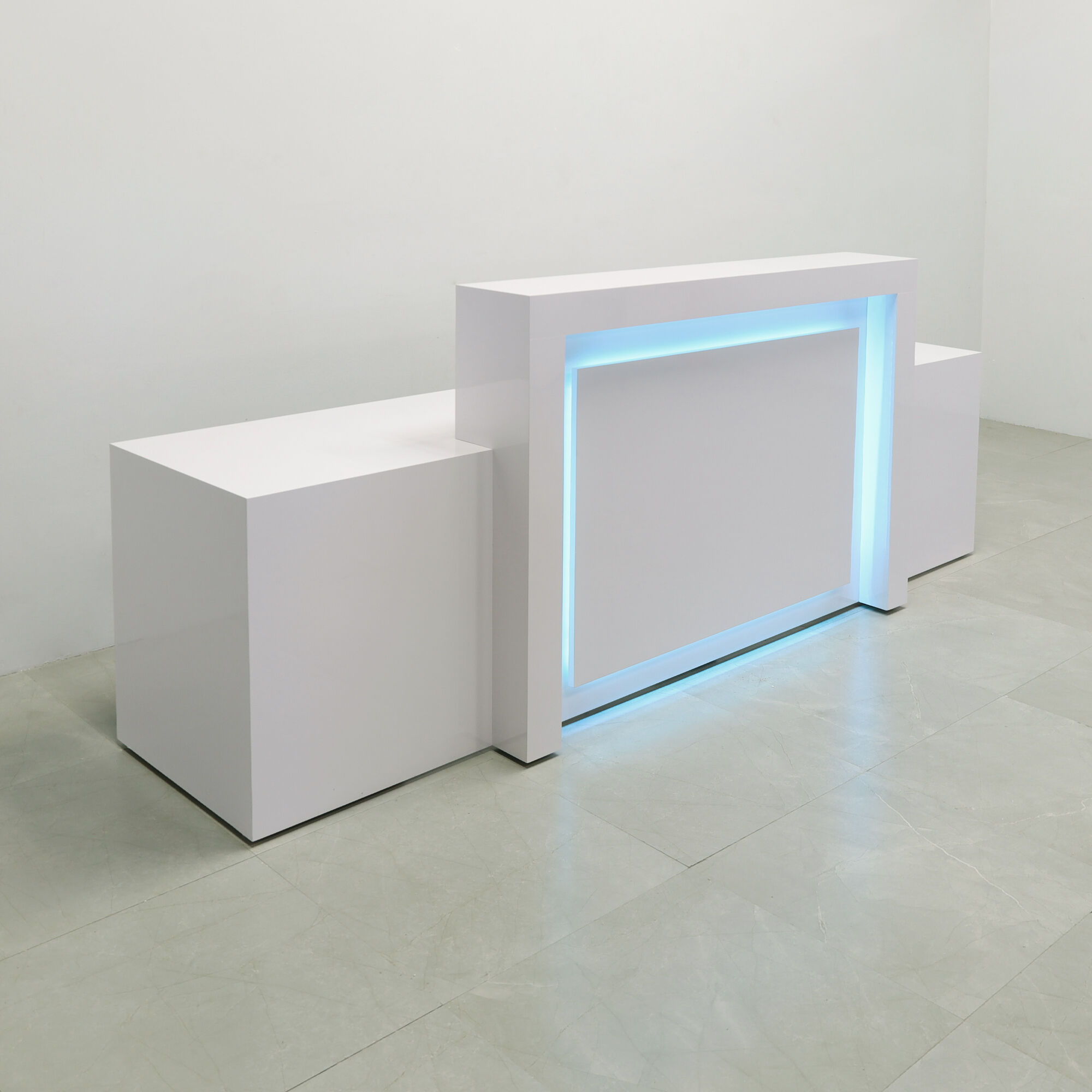 120-inch New York Extra Wide in white gloss laminate main desk, front panel & recessed accent, and color changing LED.