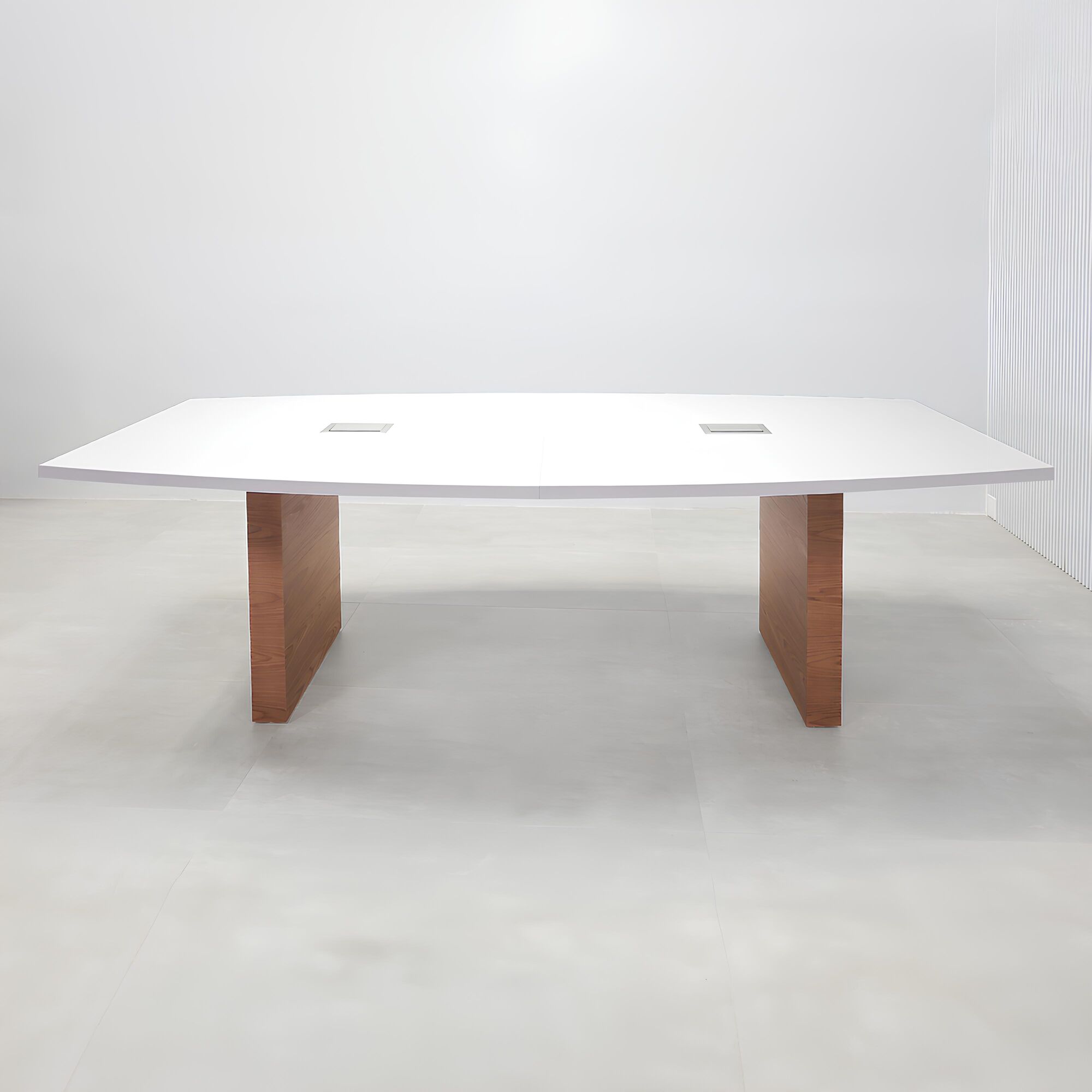 108-inch Newton Boat Shape Conference Table with white gloss laminate top, walnut wood veneer base, and Mx3 in silver power box.