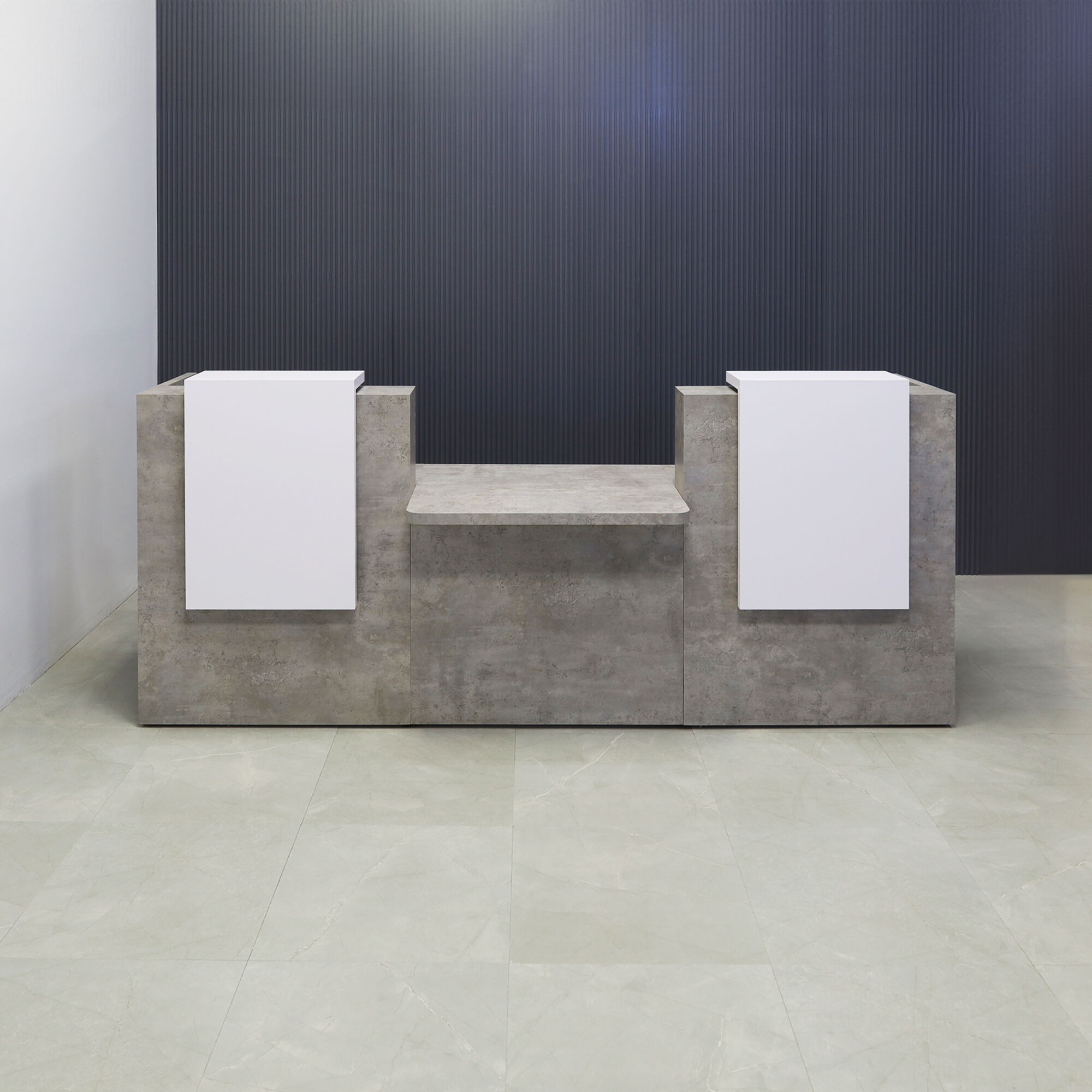 108-inch Chicago Double Counter and ADA Compliant Custom Reception Desk in white matte laminate counters, and industrial concrete laminate desks.