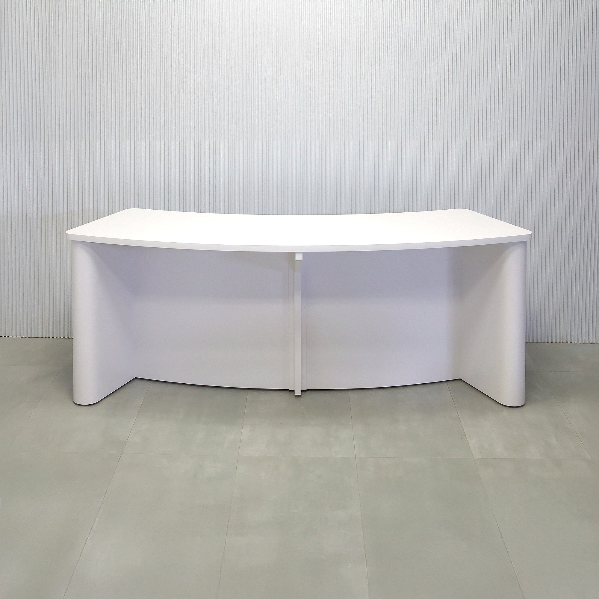 108-inch Moab Custom Podcast Table with White matte laminate top, White matte laminate base, and Fog Gray tambour front.