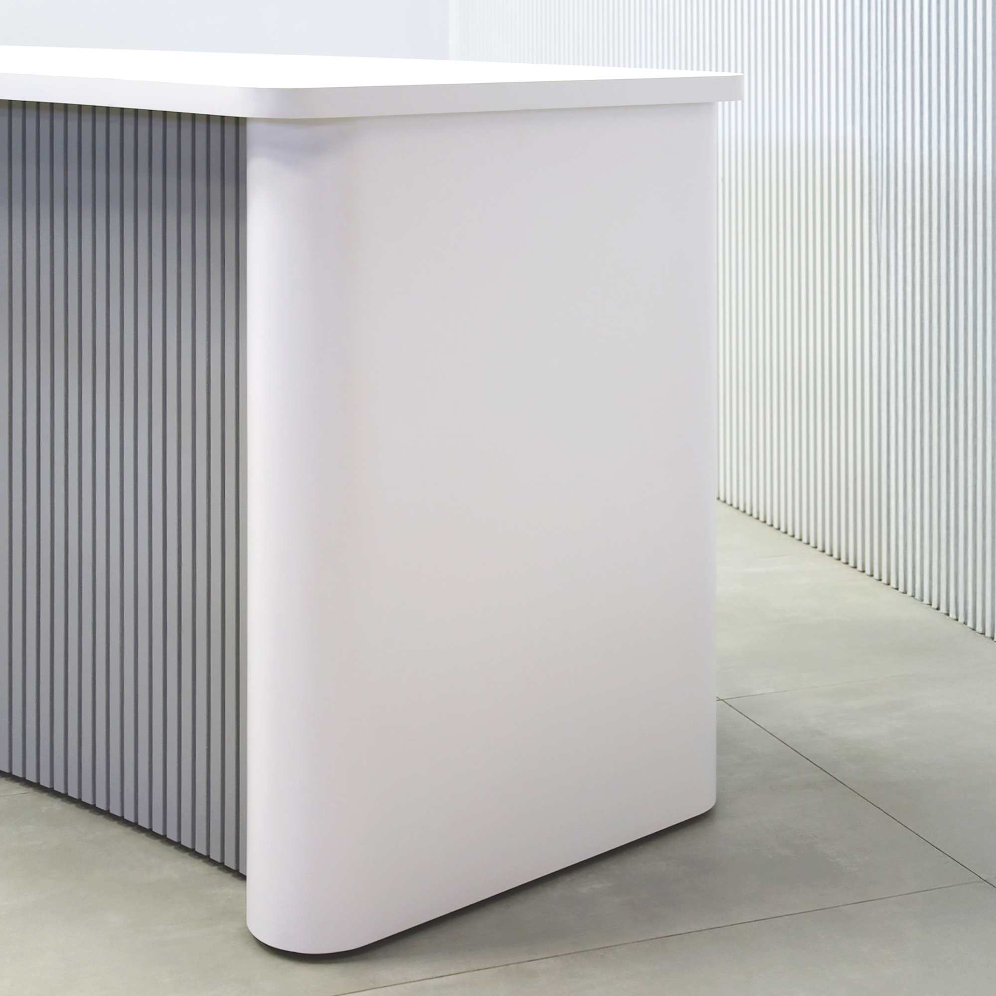 108-inch Moab Custom Podcast Table with White matte laminate top, White matte laminate base, and Fog Gray tambour front.