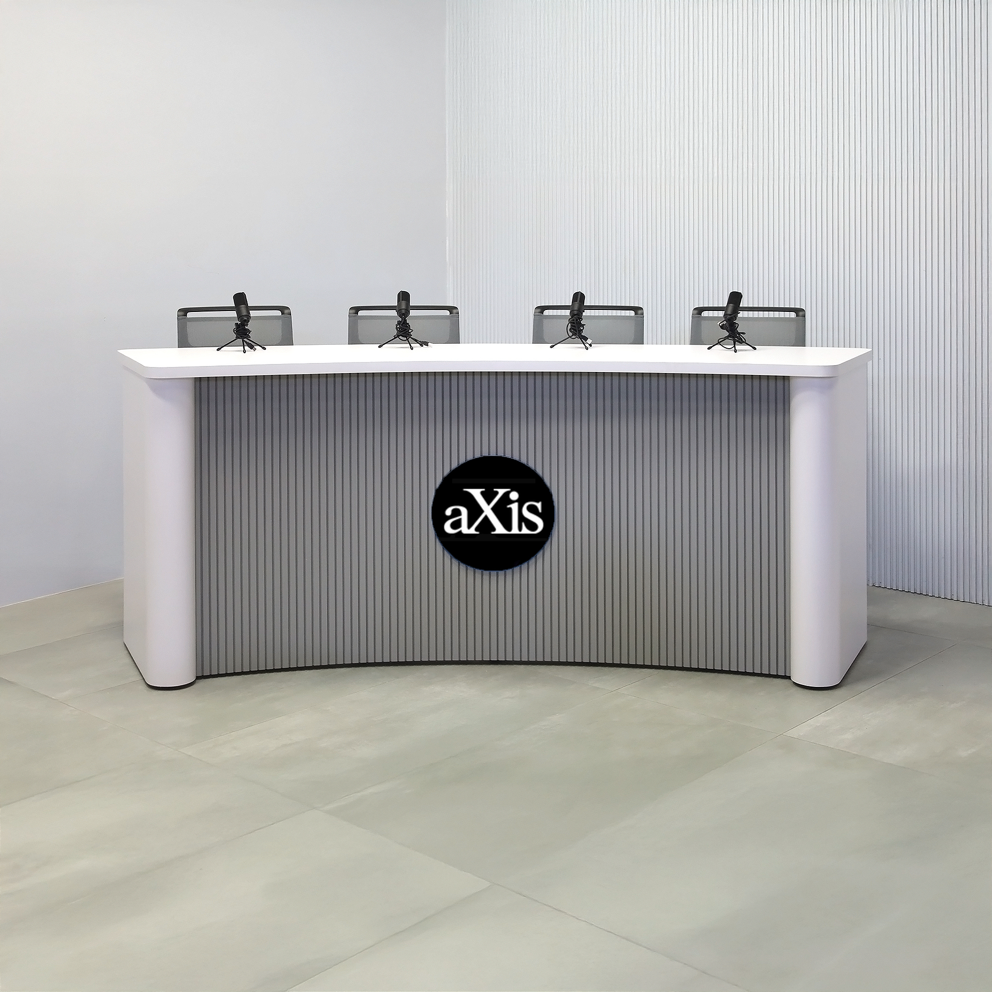 108-inch Moab Custom Podcast Table with White matte laminate top, White matte laminate base, and Fog Gray tambour front.