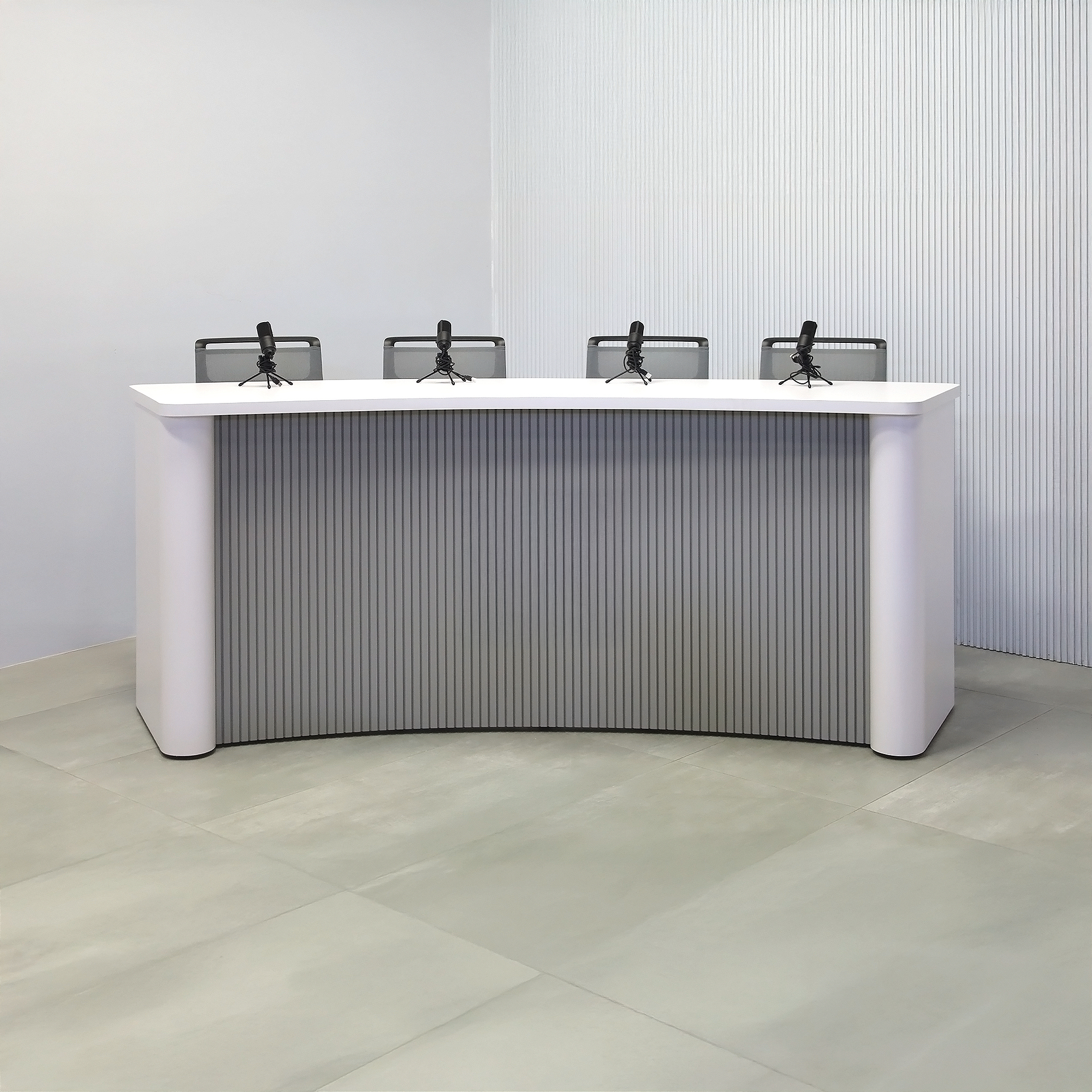 108-inch Moab Custom Podcast Table with White matte laminate top, White matte laminate base, and Fog Gray tambour front.