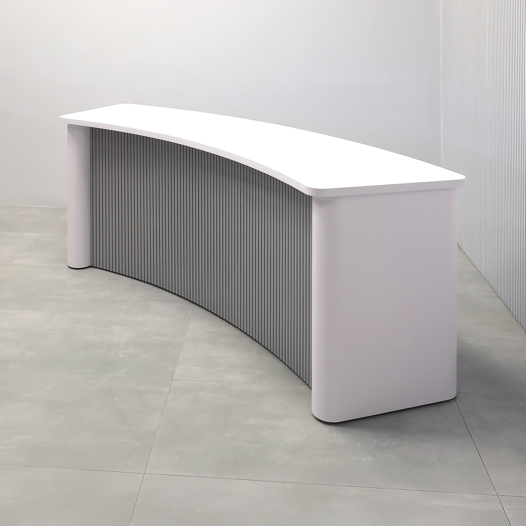 108-inch Moab Custom Podcast Table with White matte laminate top, White matte laminate base, and Fog Gray tambour front.