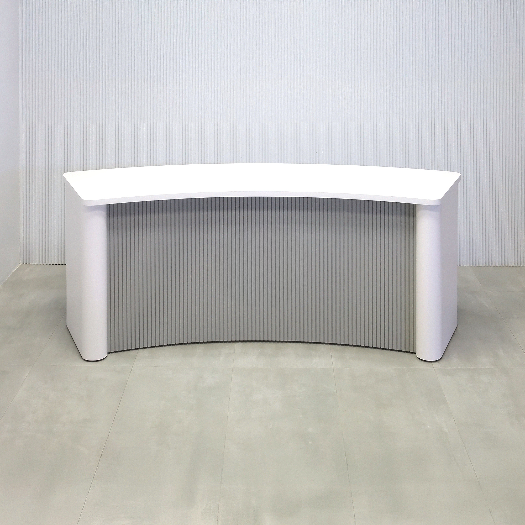 108-inch Moab Custom Podcast Table with White matte laminate top, White matte laminate base, and Fog Gray tambour front.