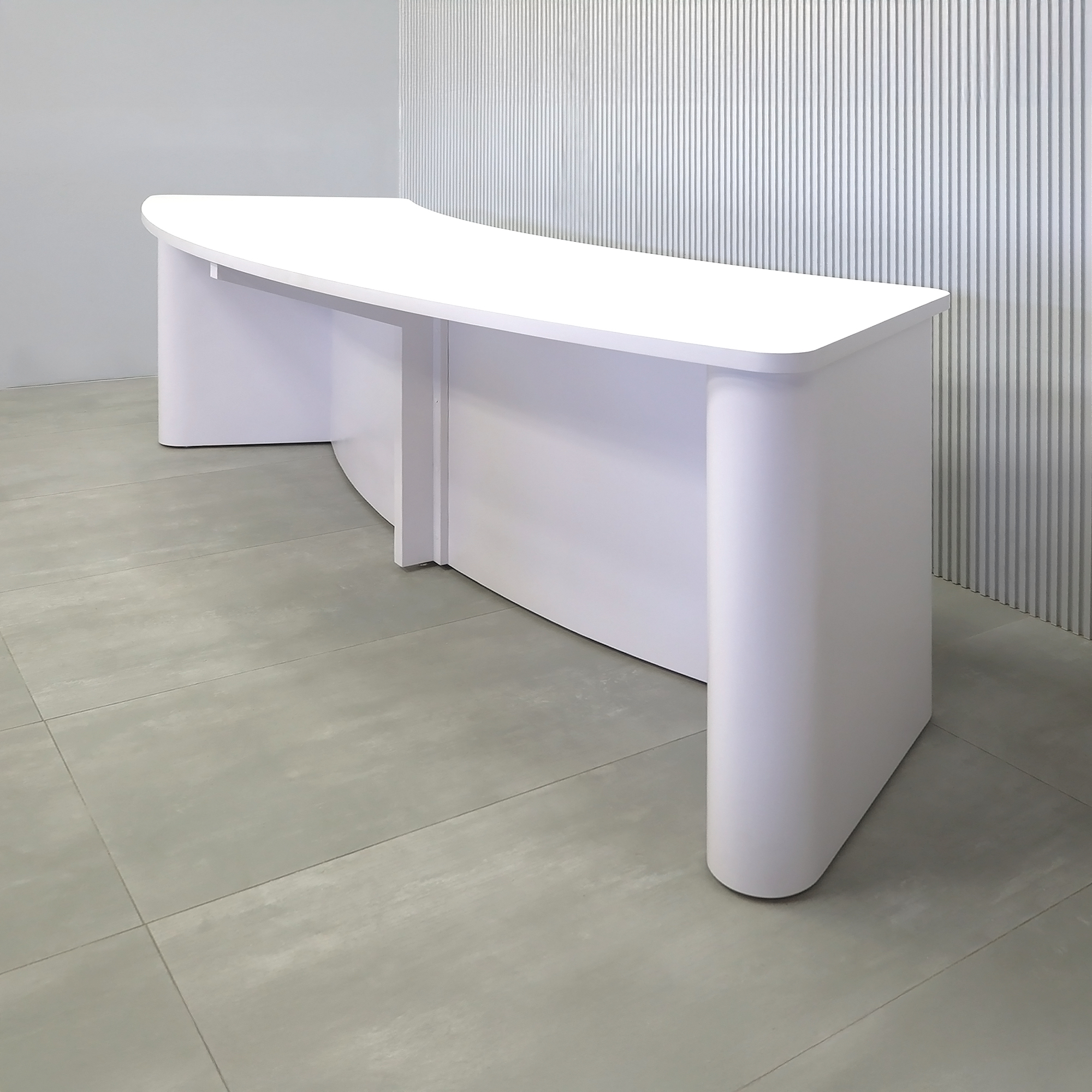 108-inch Moab Custom Podcast Table with White matte laminate top, White matte laminate base, and Fog Gray tambour front.