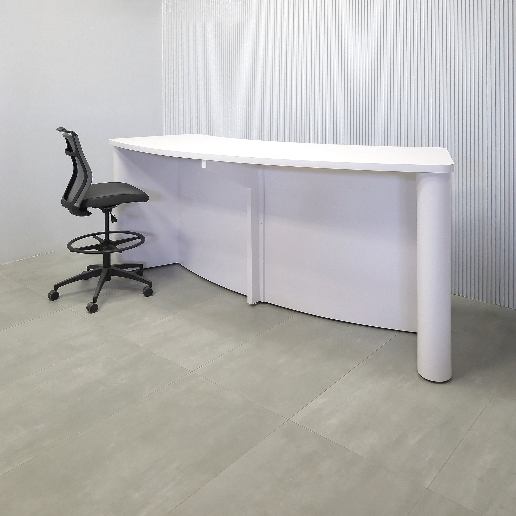 108-inch Moab Custom Podcast Table with White matte laminate top, White matte laminate base, and Fog Gray tambour front.