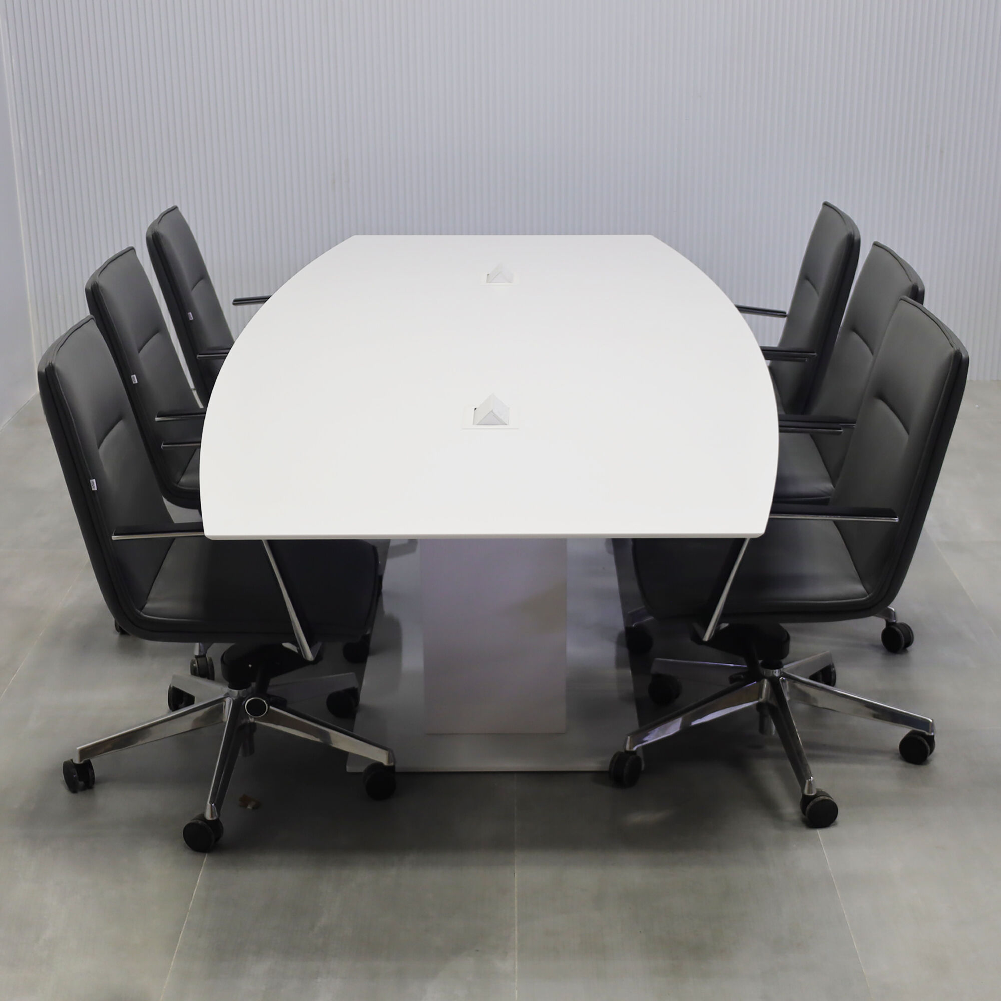108-inches Newton Boat Shape Conference Table with white solid engineered surface top, white gloss laminate pedestal, white metal base, white Mx2 power box.