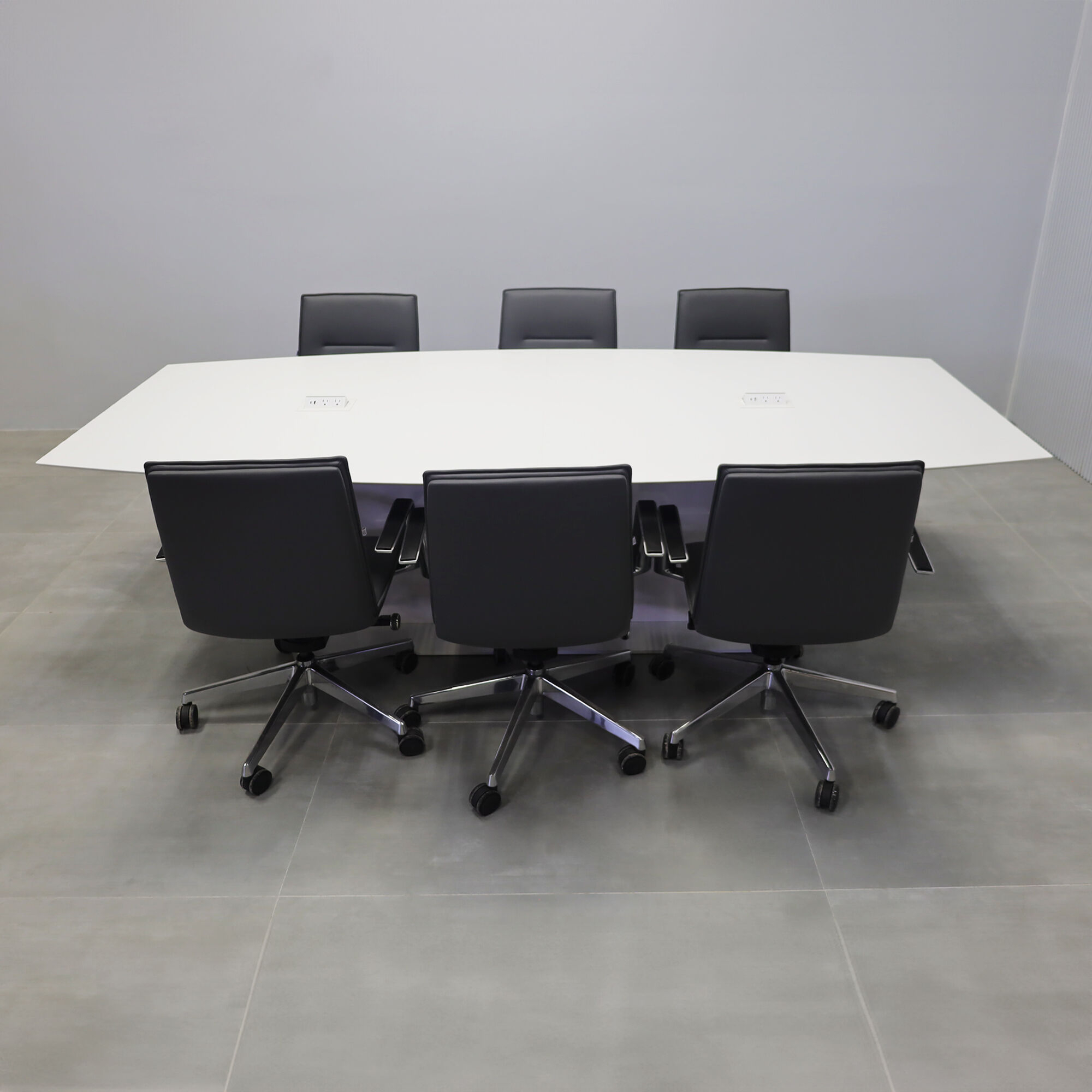 108-inches Newton Boat Shape Conference Table with white solid engineered surface top, white gloss laminate pedestal, white metal base, white Mx2 power box.