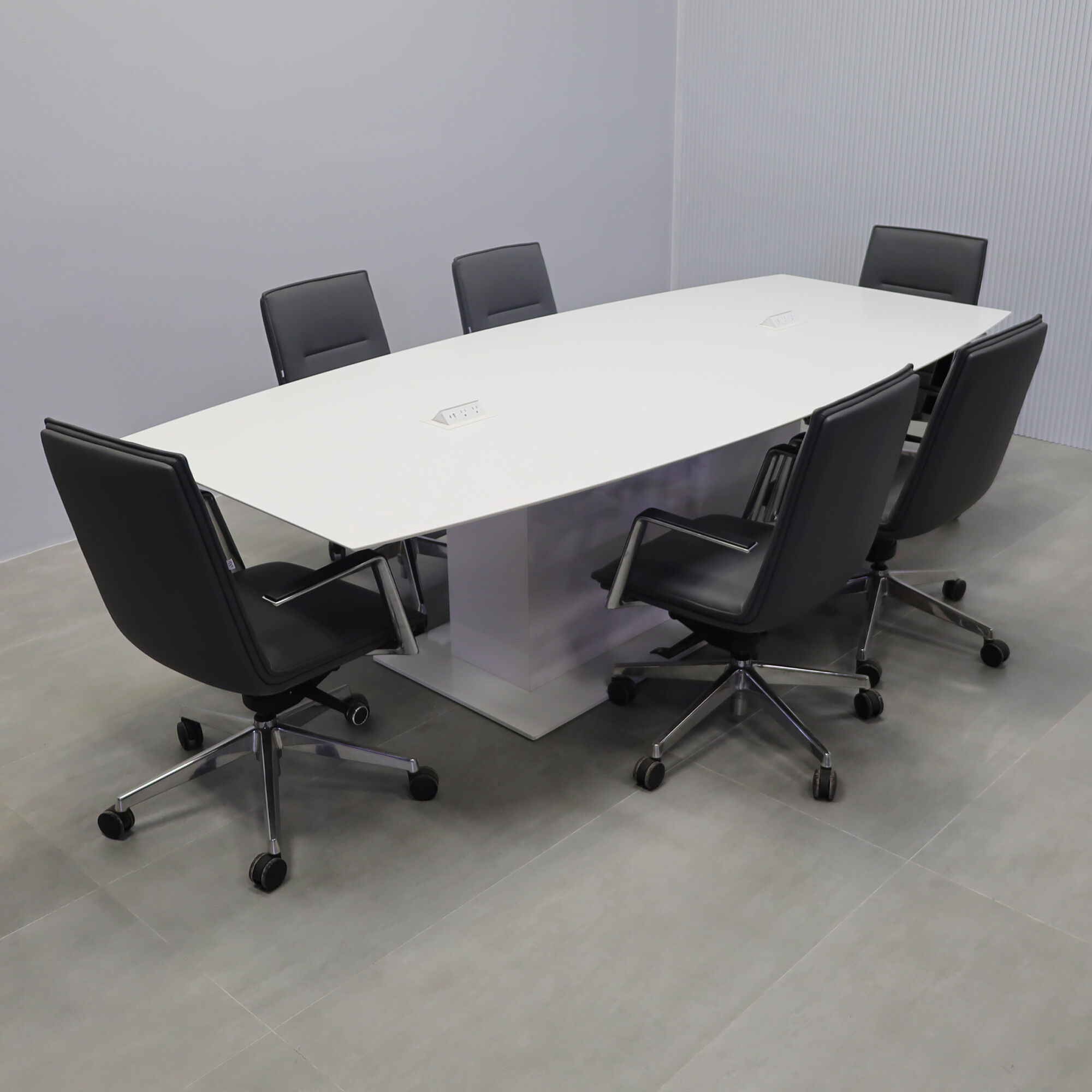 108-inches Newton Boat Shape Conference Table with white solid engineered surface top, white gloss laminate pedestal, white metal base, white Mx2 power box.