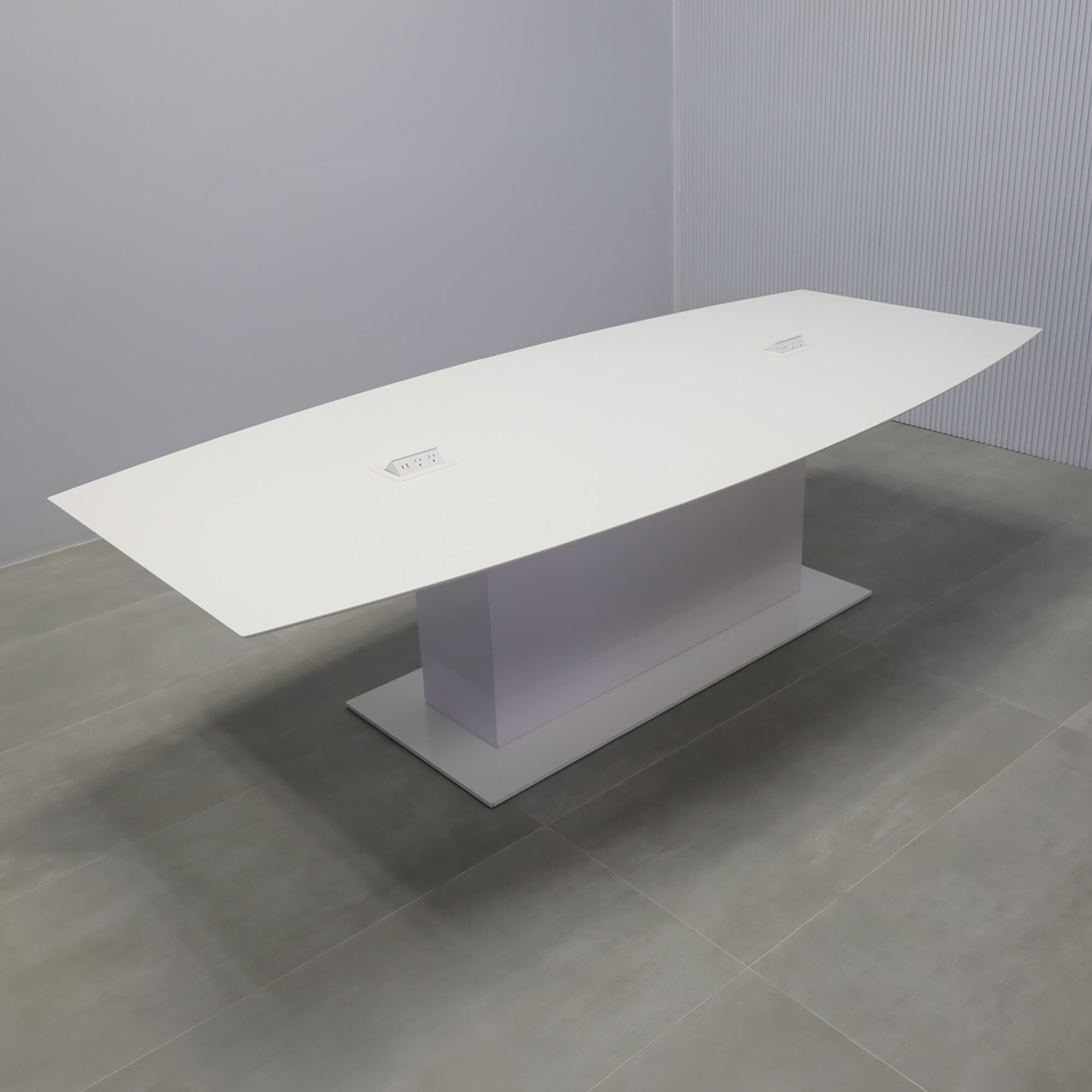 108-inches Newton Boat Shape Conference Table with white solid engineered surface top, white gloss laminate pedestal, white metal base, white Mx2 power box.