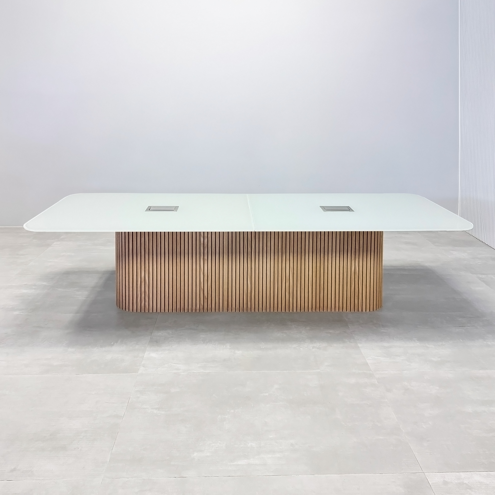 108-inch Omaha Racetrack Conference Table X2 with Tempered Glass top, Natural Oak PVC tambour base, Mx3 power box in Silver.