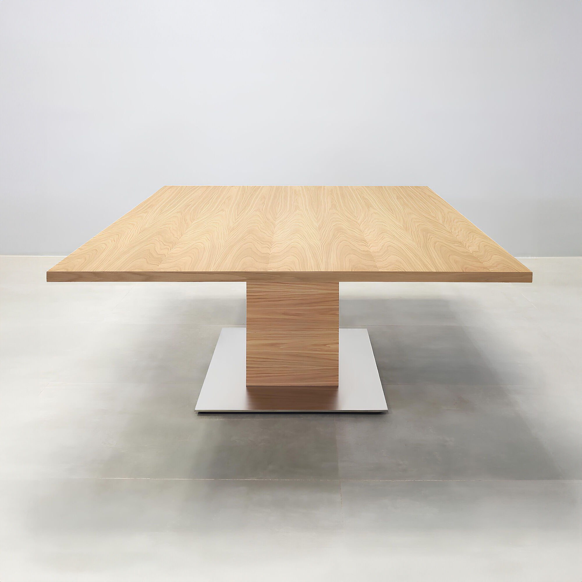 60-inch Newton Square Conference Table with X3 Base, white oak veneer top, white oak veneer base, aluminum stainless steel base.