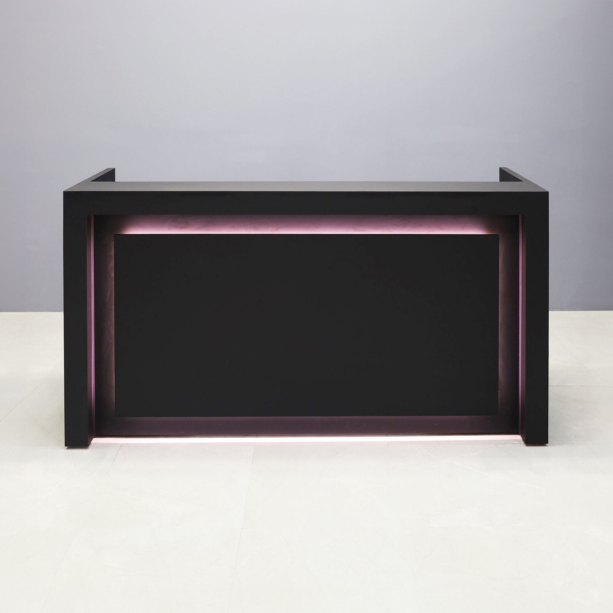 84-inch New York U-Shape Custom Reception Desk in black traceless laminate main desk and accent recess, with warm white LED, shown here.