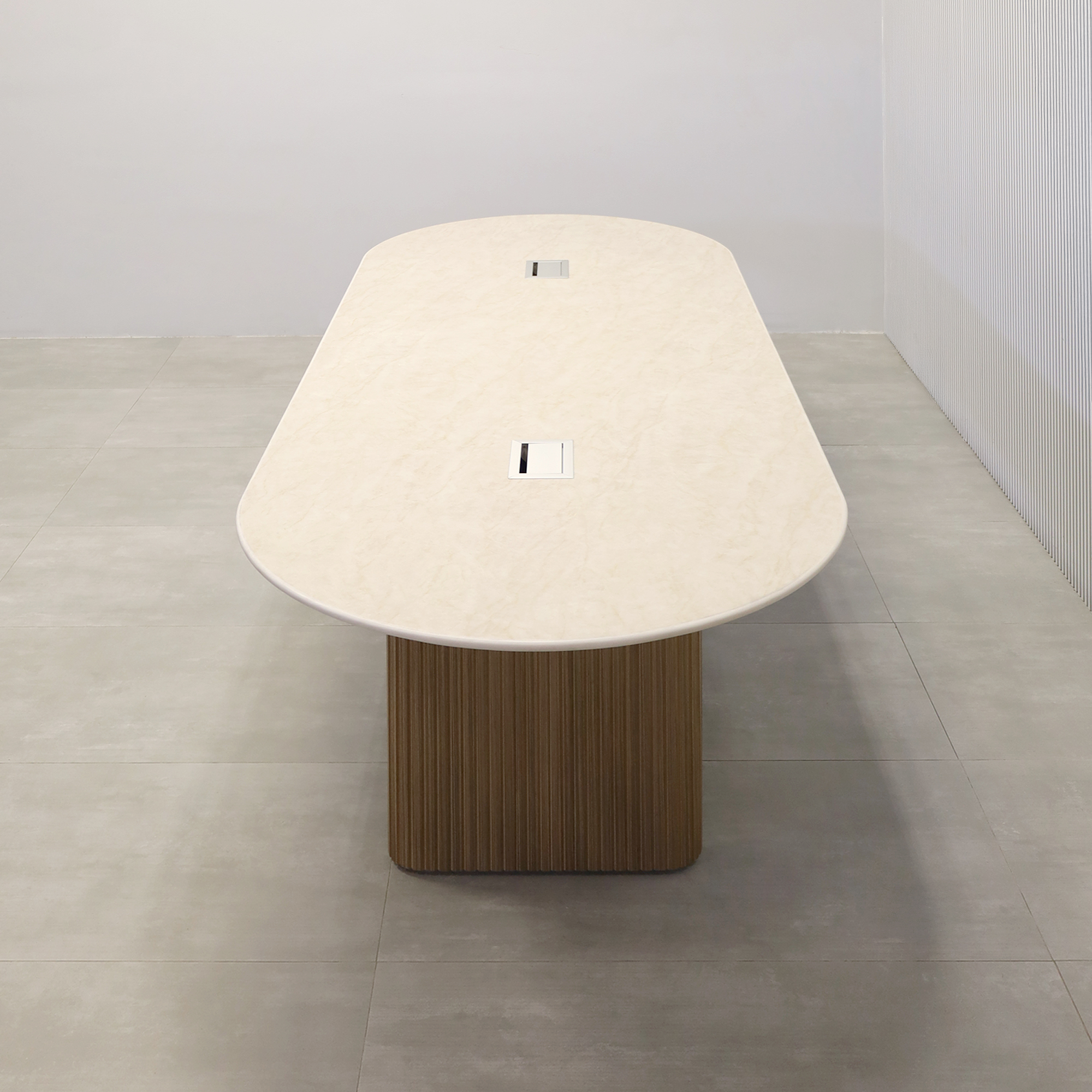 120-inch Aurora Racetrack Conference Table with 3/4" Quartz Taj Mahal Light engineered surface top, Spiced Walnut & Natural Background Tambour leg, Spiced Wood Veneer bridge, and two Mx3 in Silver.
