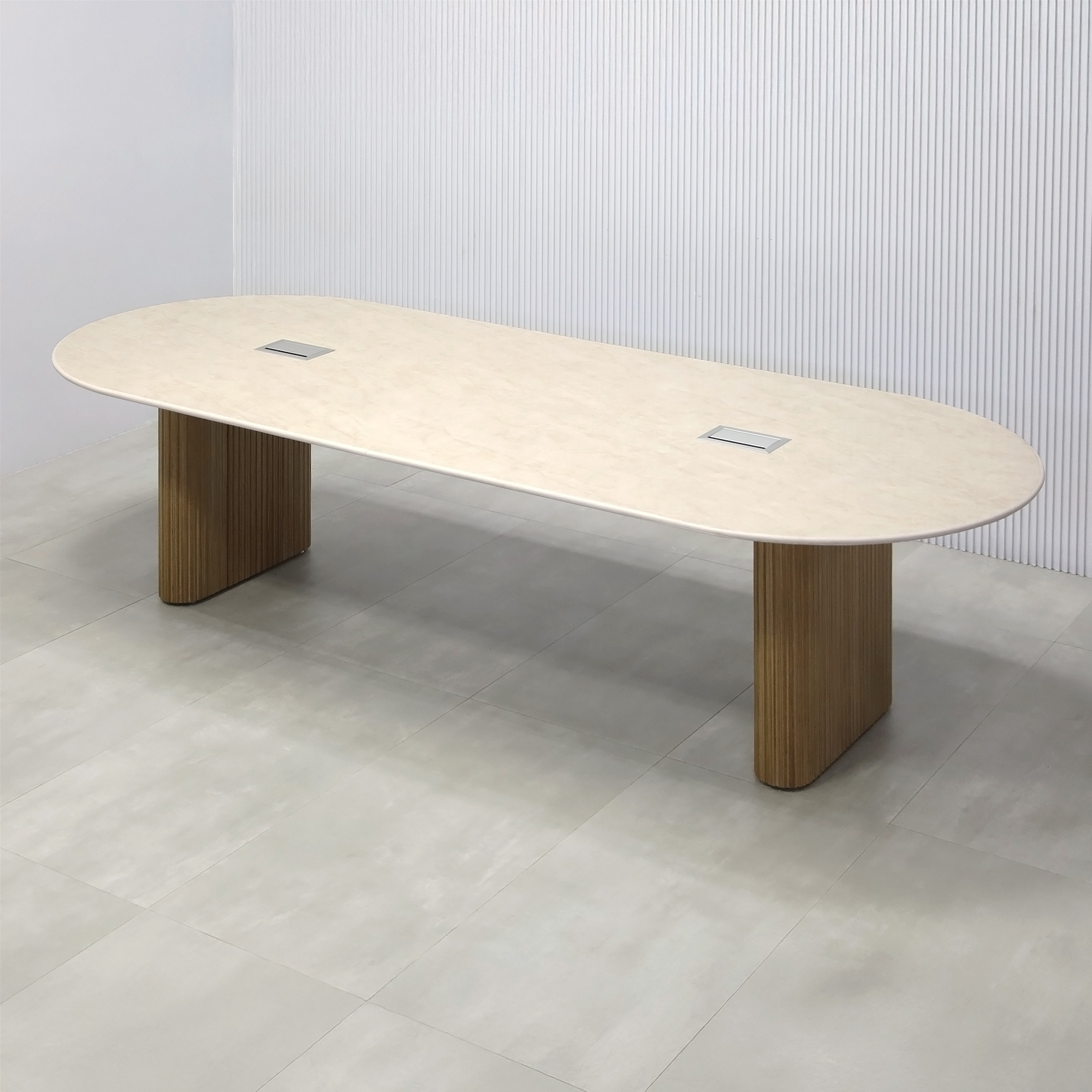 120-inch Aurora Racetrack Conference Table with 3/4" Quartz Taj Mahal Light engineered surface top, Spiced Walnut & Natural Background Tambour leg, Spiced Wood Veneer bridge, and two Mx3 in Silver.