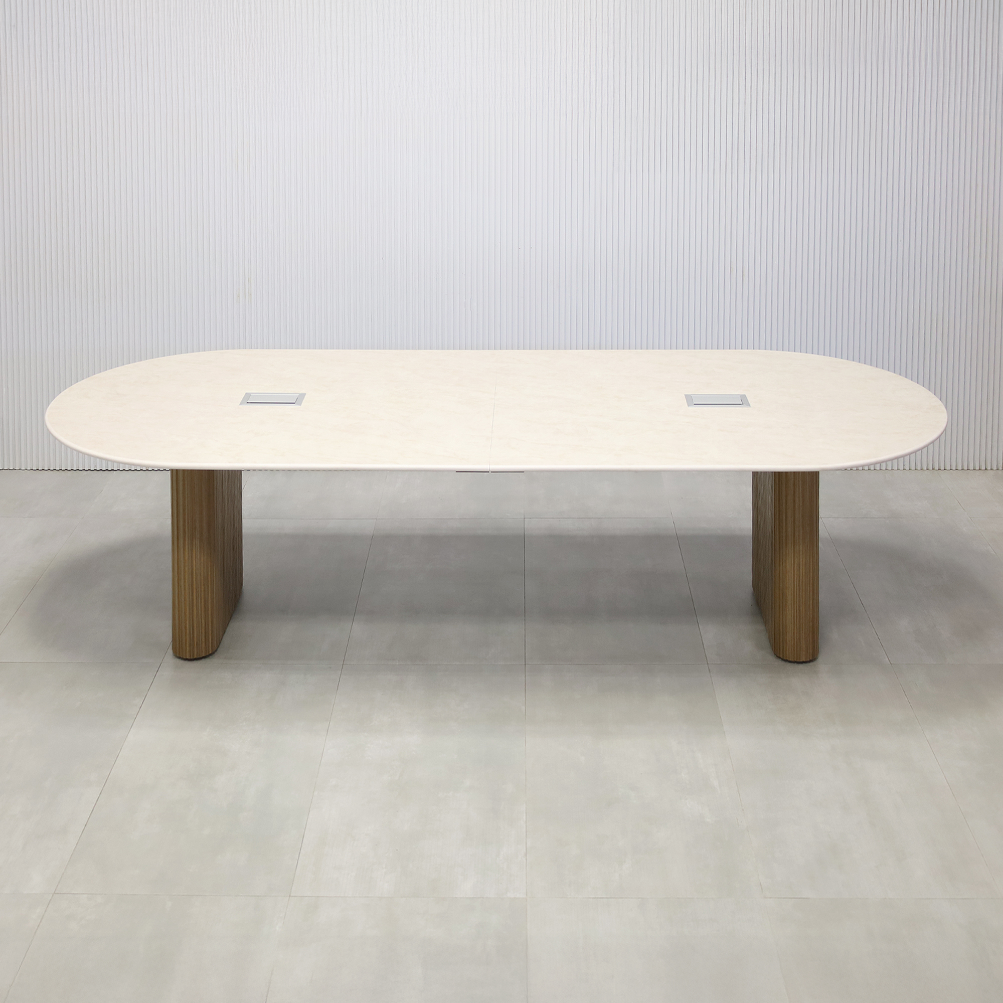 120-inch Aurora Racetrack Conference Table with 3/4" Quartz Taj Mahal Light engineered surface top, Spiced Walnut & Natural Background Tambour leg, Spiced Wood Veneer bridge, and two Mx3 in Silver.