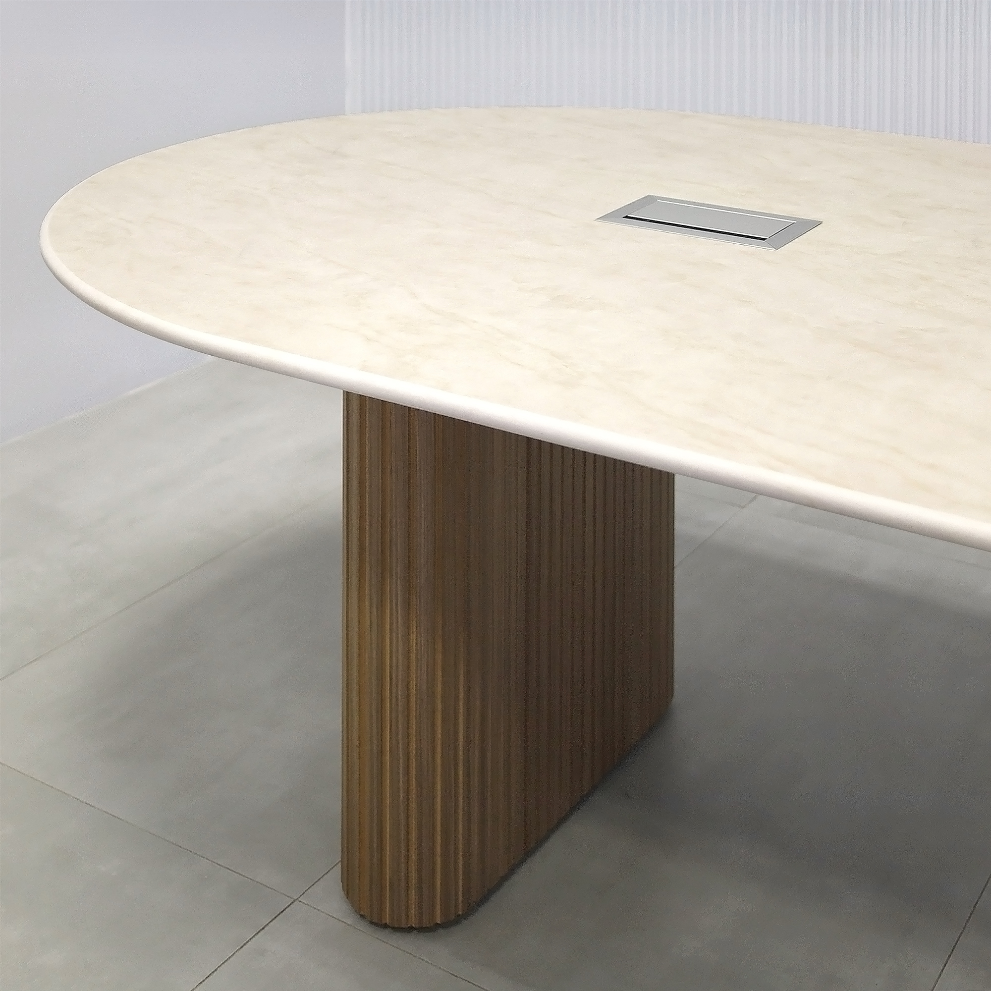 120-inch Aurora Racetrack Conference Table with 3/4" Quartz Taj Mahal Light engineered surface top, Spiced Walnut & Natural Background Tambour leg, Spiced Wood Veneer bridge, and two Mx3 in Silver.