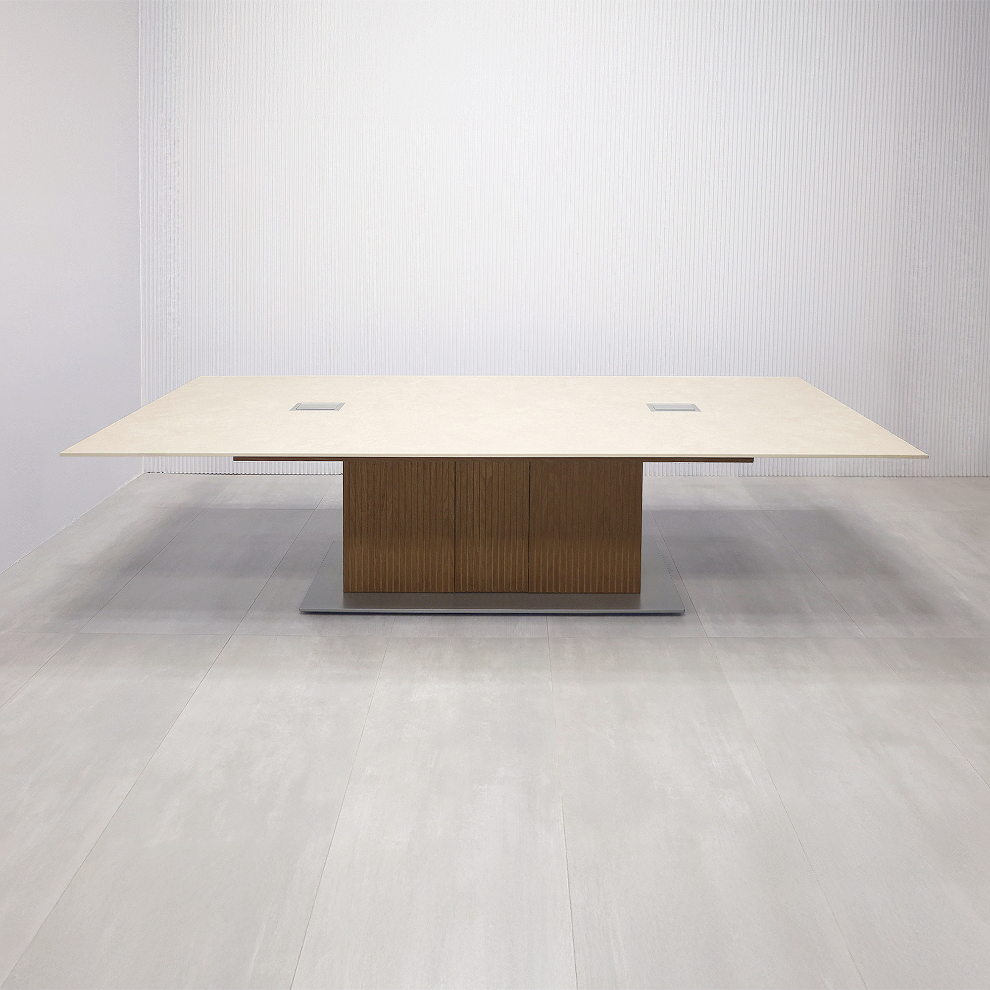 120-inch Aurora Rectangular Shape Conference Table with Alicante engineered surface top, Walnut & Natural tambour pedestal, and Metal powder-coated base and two silver Mx3 power boxes. 