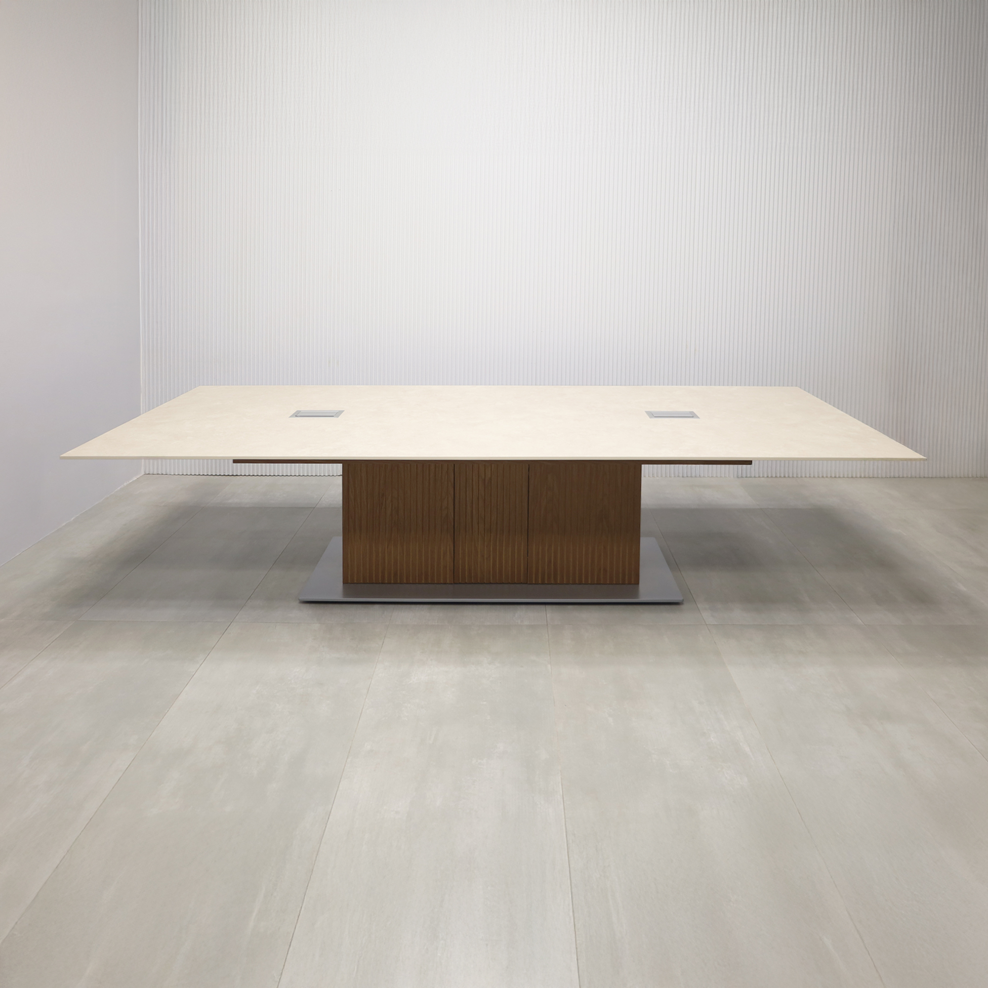 120-inch Aurora Rectangular Conference Table X3 with 1/2" Alicante engineered surface Top, Walnut & natural tambour pedestal, metal powder coated silver base, and two silver Mx3 power boxes.