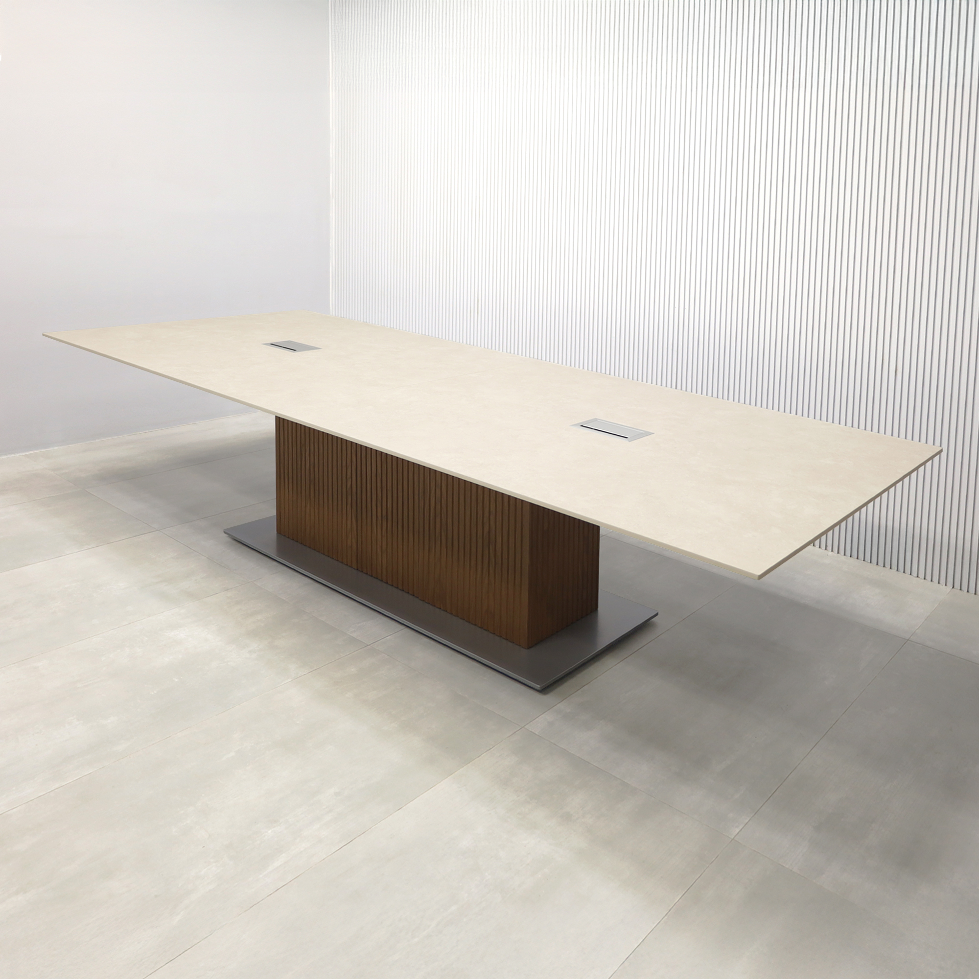 120-inch Aurora Rectangular Conference Table X3 with 1/2" Alicante engineered surface Top, Walnut & natural tambour pedestal, metal powder coated silver base, and two silver Mx3 power boxes.