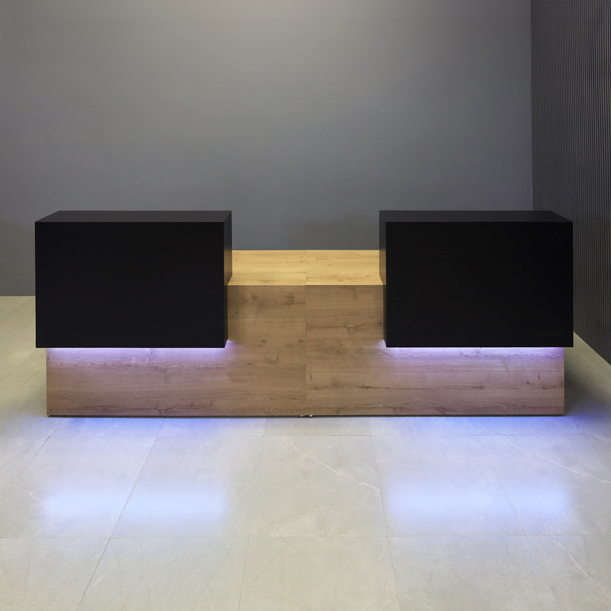 120-inch Los Angeles Double Counter Custom Reception Desk in black matte laminate counters and planked urban oak matte laminate desks, with color LED, shown here.