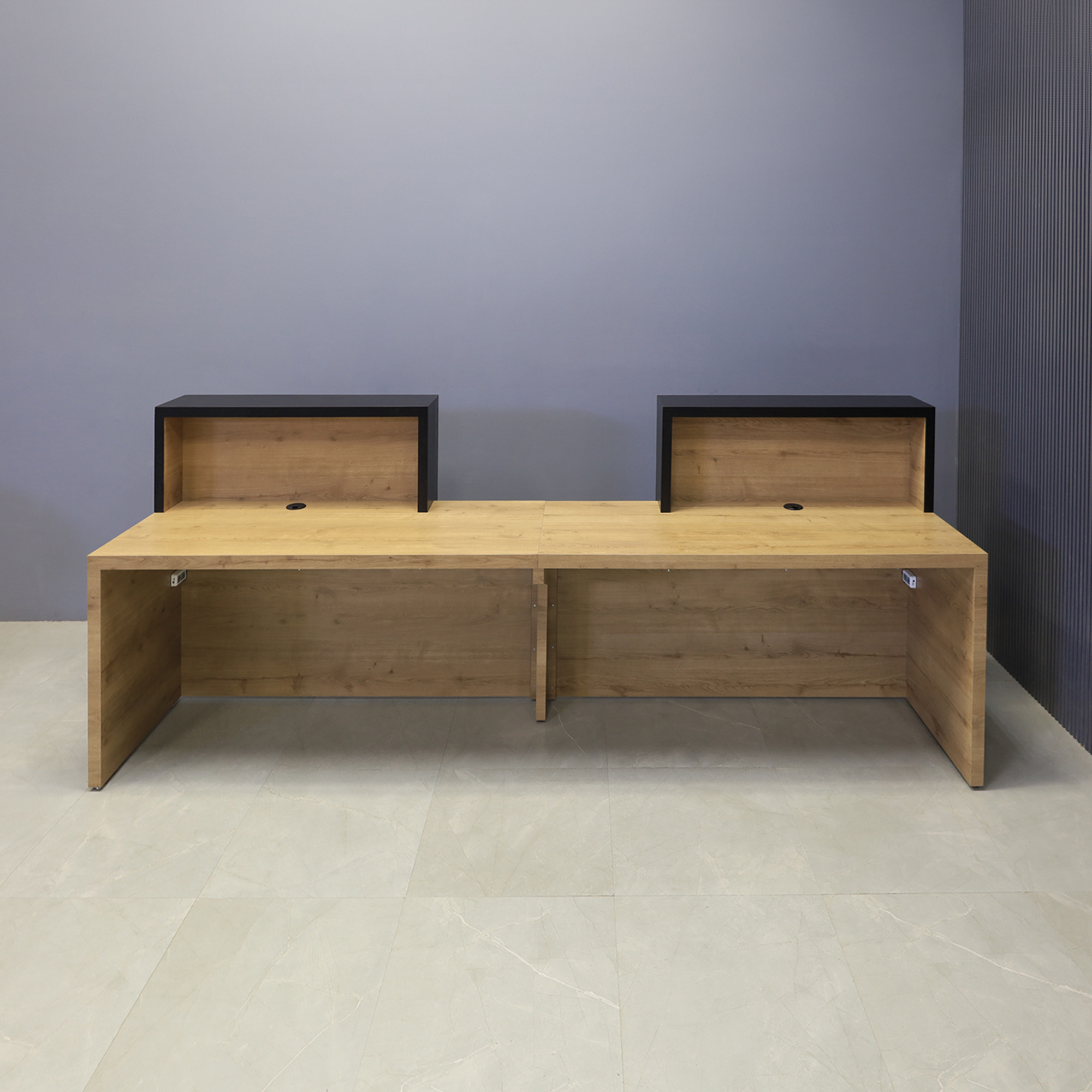 120-inch Los Angeles Double Counter Custom Reception Desk in black matte laminate counters, planked urban oak matte laminate desks, and color changing LED.