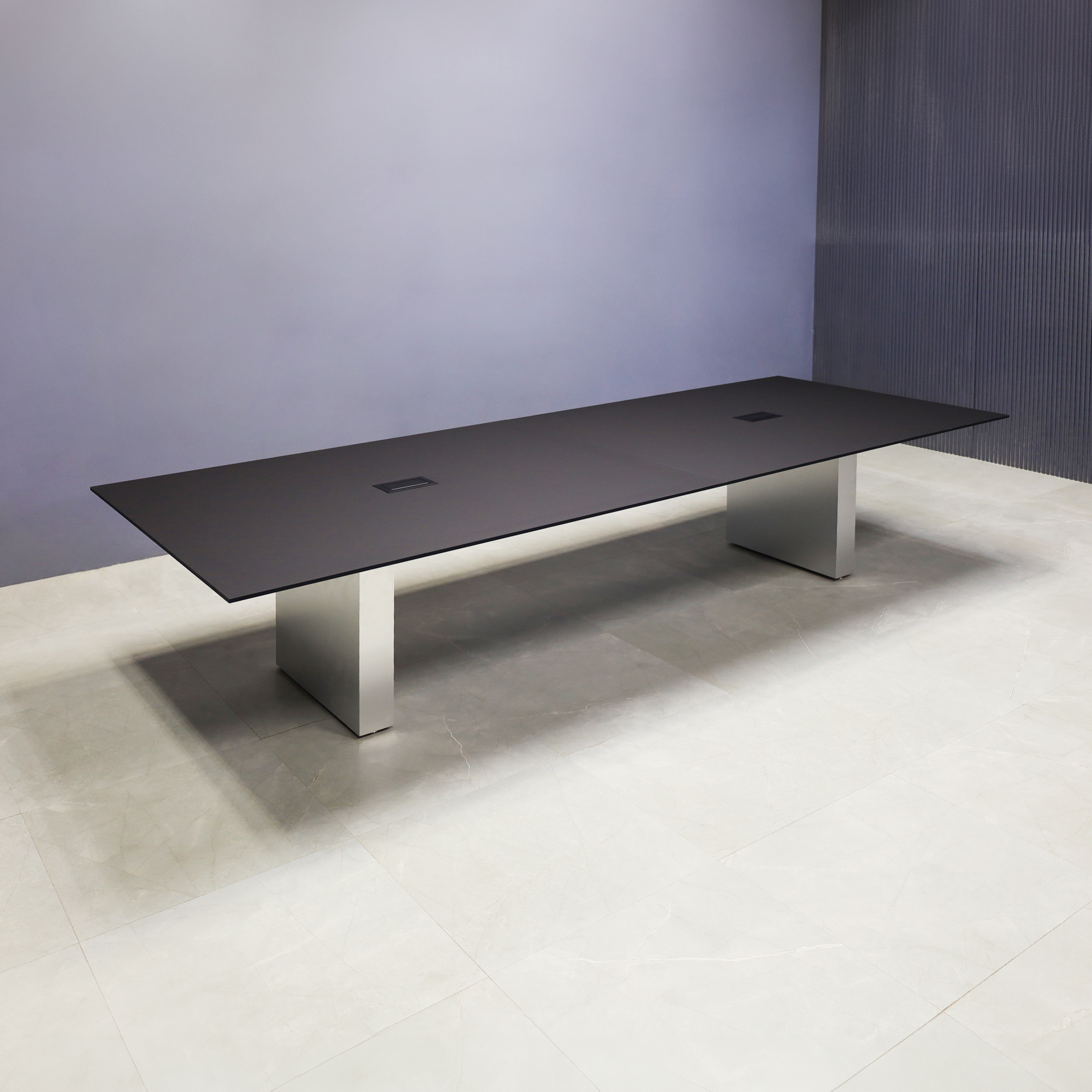 120 in x 48 in Aurora Rectangular Conference Table, black traceless engineered surface top, brushed aluminum laminate standard base, and two black MX2 power boxes.