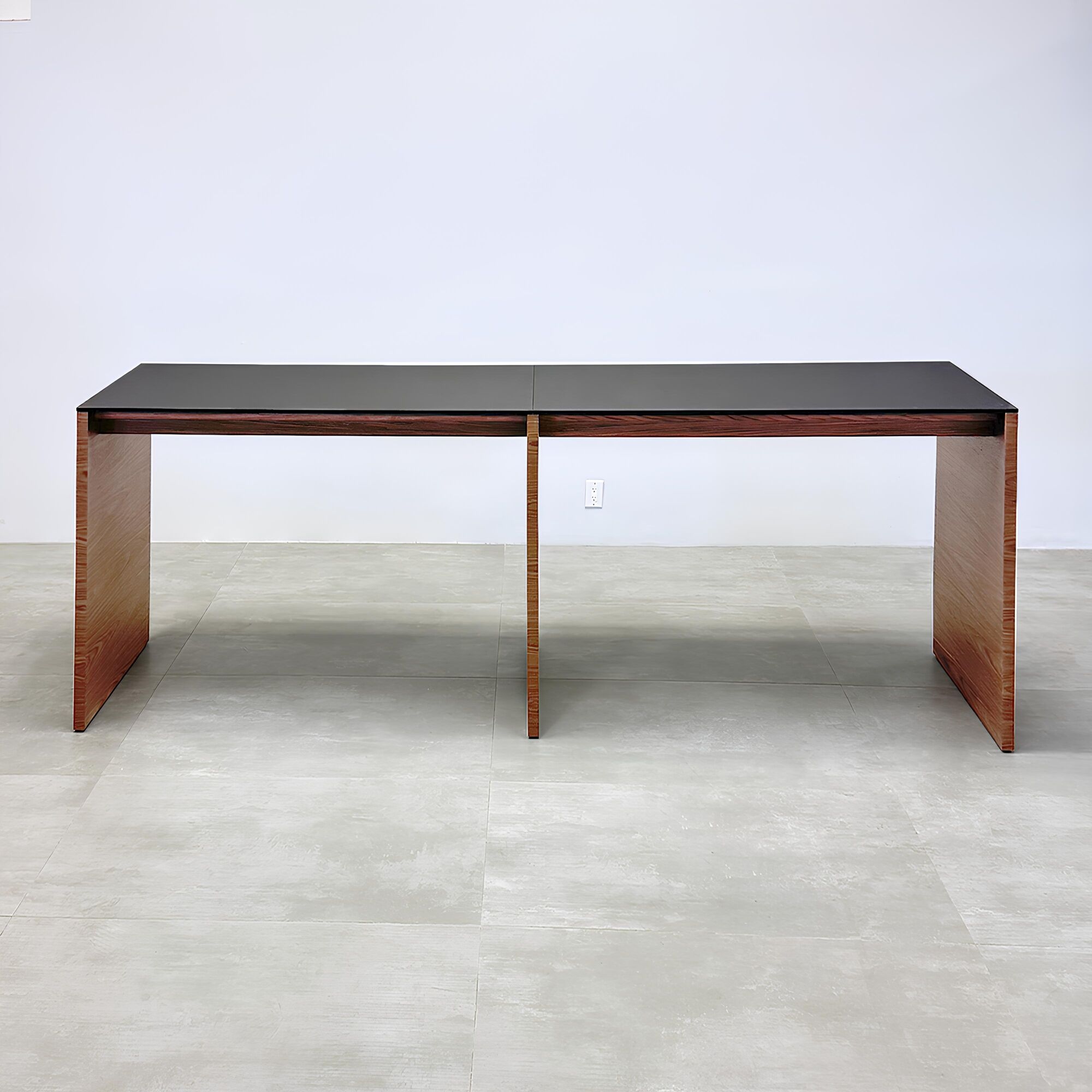 60-inch Ashville Bar Table with black, traceless laminate top and walnut wood veneer base.