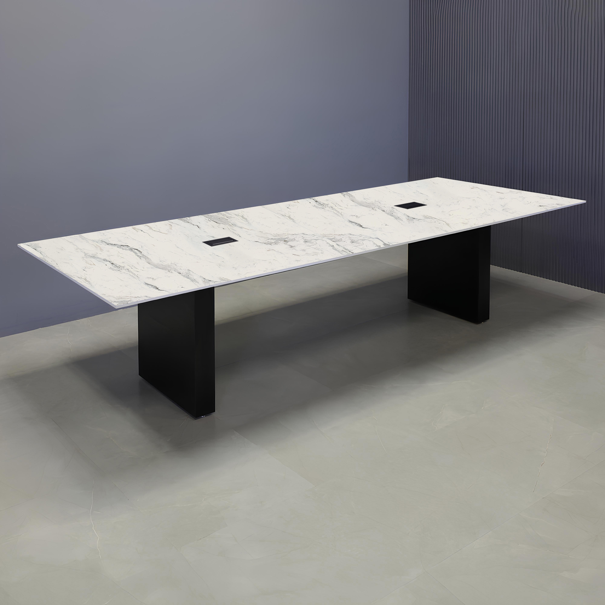 144 in x 48in rectangular table with Calcutta Blac top, black matte base and black MX-2 power boxes