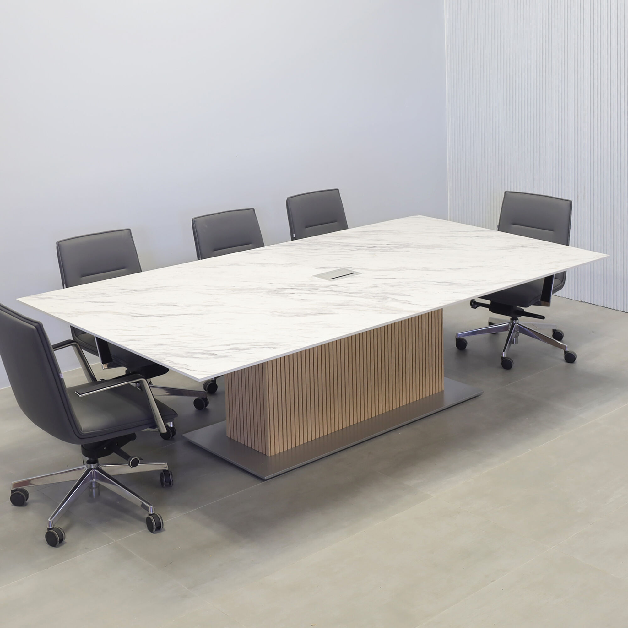 120-inches Aurora Rectangular Conference Table with calcutta engineered surface top and walnut heights tambour X3 base.